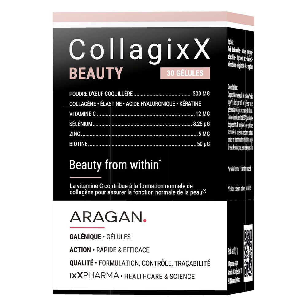 Dos de l'emballage CollagixX BEAUTY. Informations sur les ingrédients, l'utilisation et les valeurs nutritionnelles.