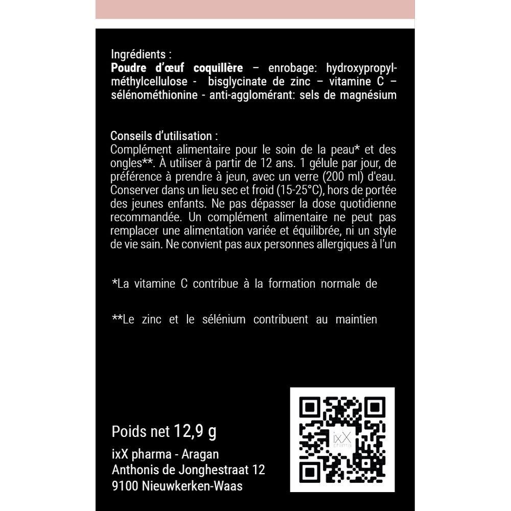 Dos de l'emballage CollagixX BEAUTY. Informations sur les ingrédients et l'utilisation.
