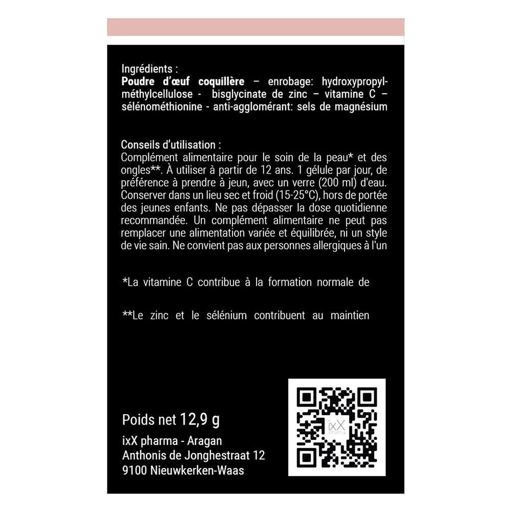 Dos de l'emballage CollagixX BEAUTY. Informations sur les ingrédients et l'utilisation.