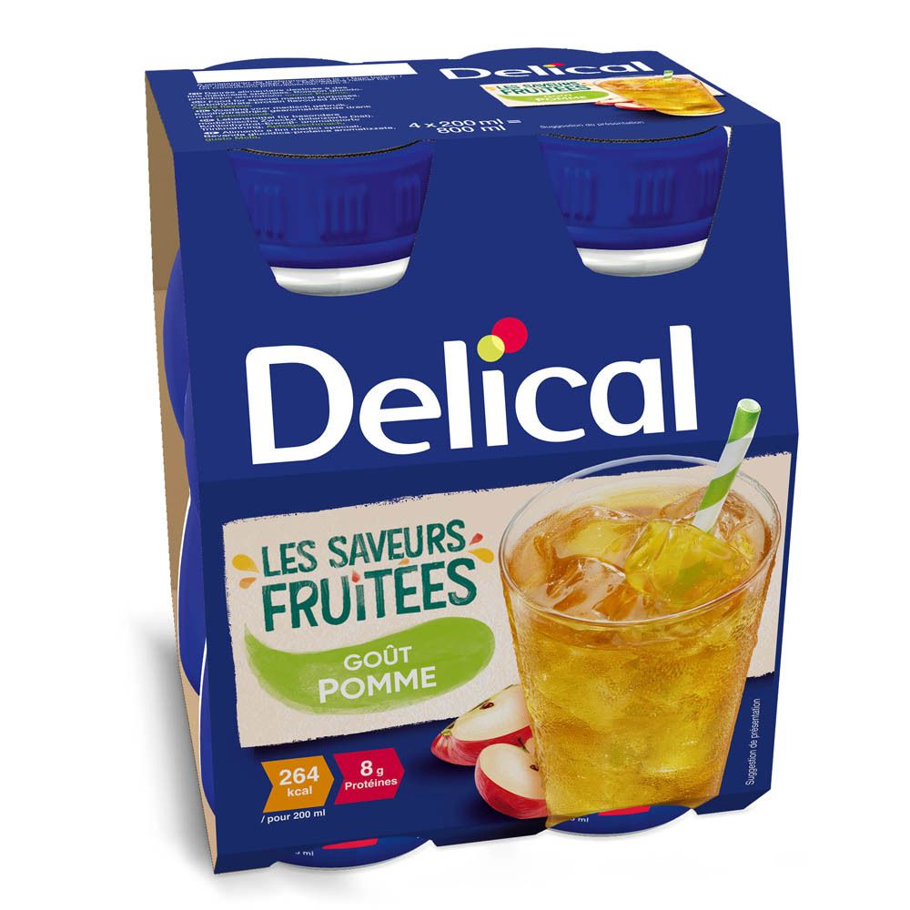 Emballage de quatre bouteilles Delical Die Fruchtigen Aromen - Apfel. Emballage bleu avec image et texte du produit.