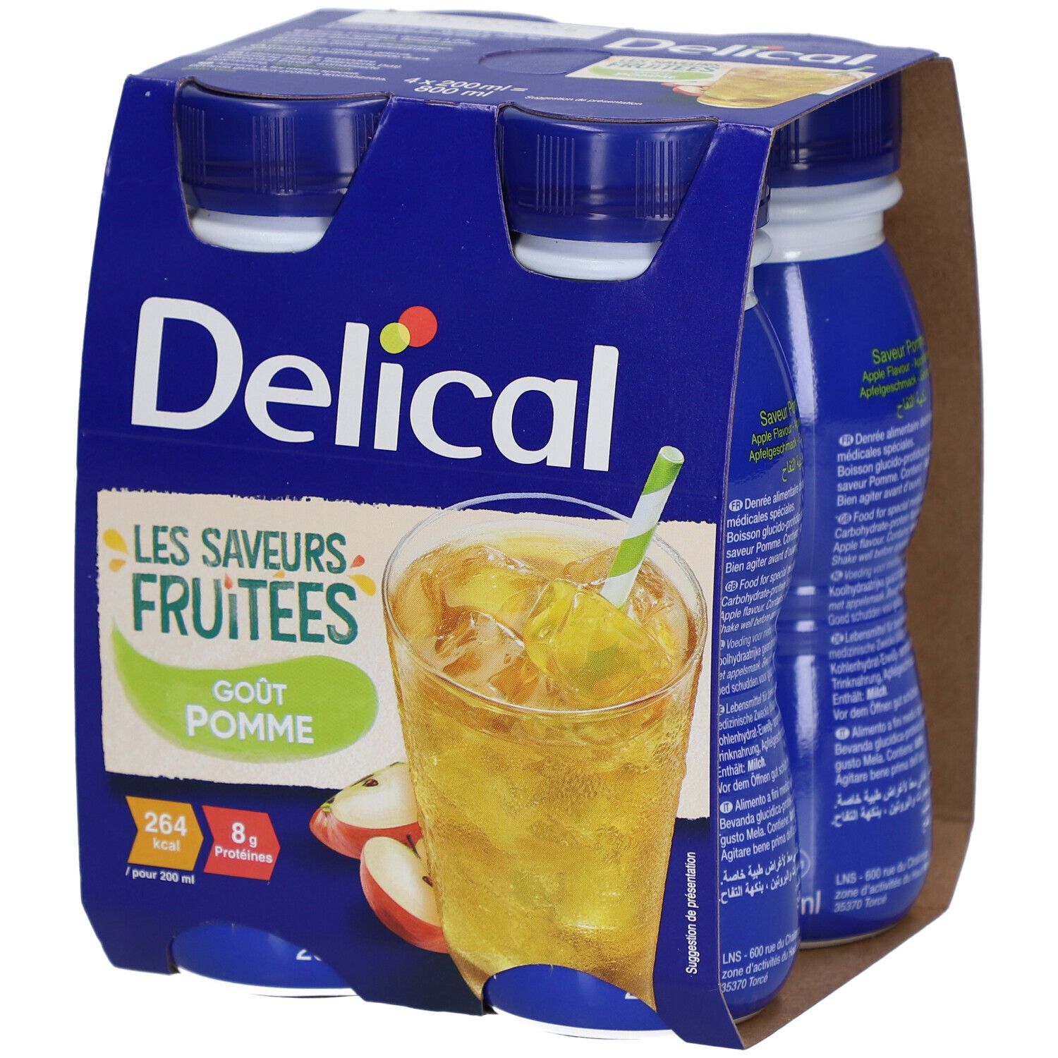 Emballage de quatre bouteilles Delical Die Fruchtigen Aromen - Apfel. Emballage bleu avec image et texte du produit.