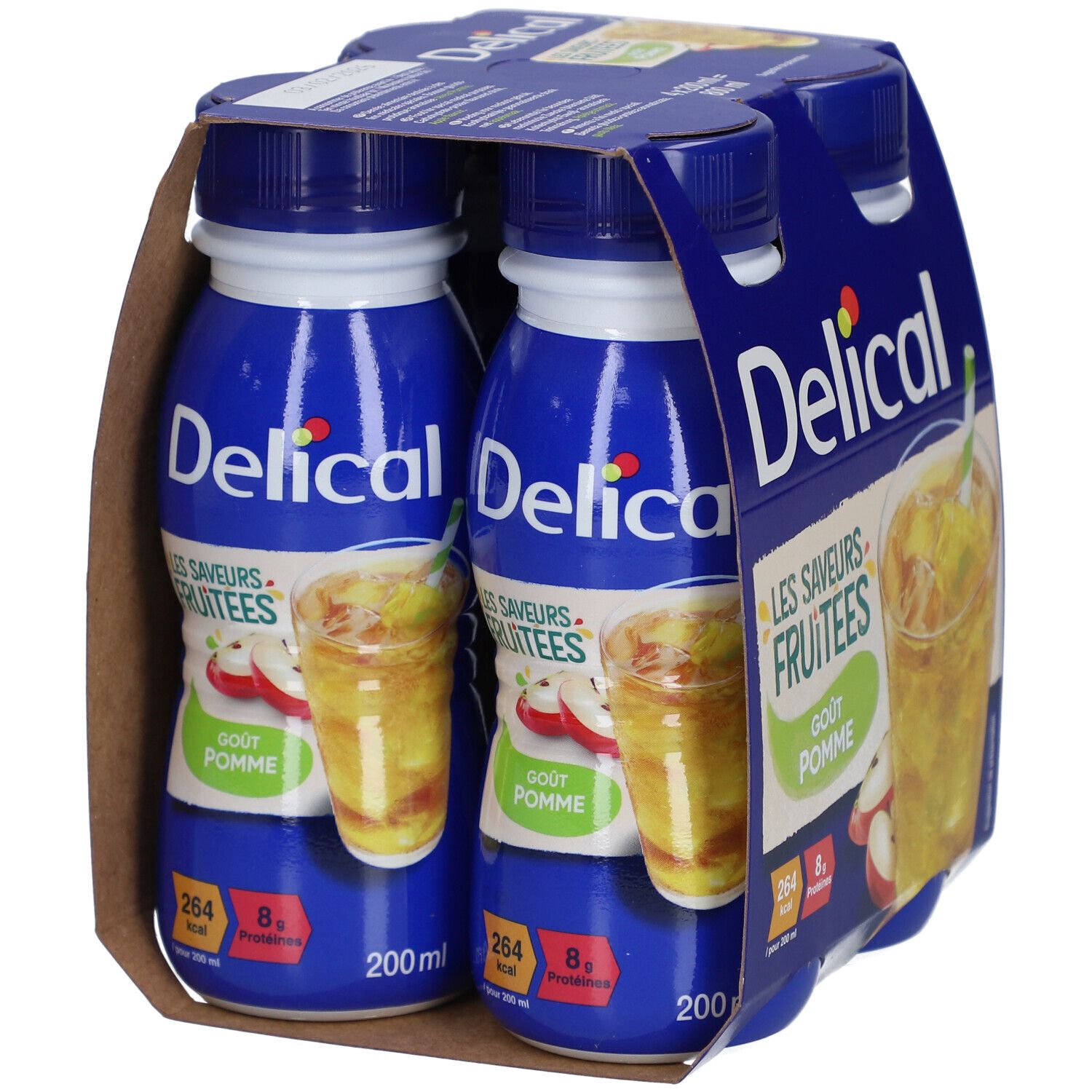 Emballage de deux bouteilles Delical Die Fruchtigen Aromen - Apfel. Emballage bleu avec image et texte du produit.