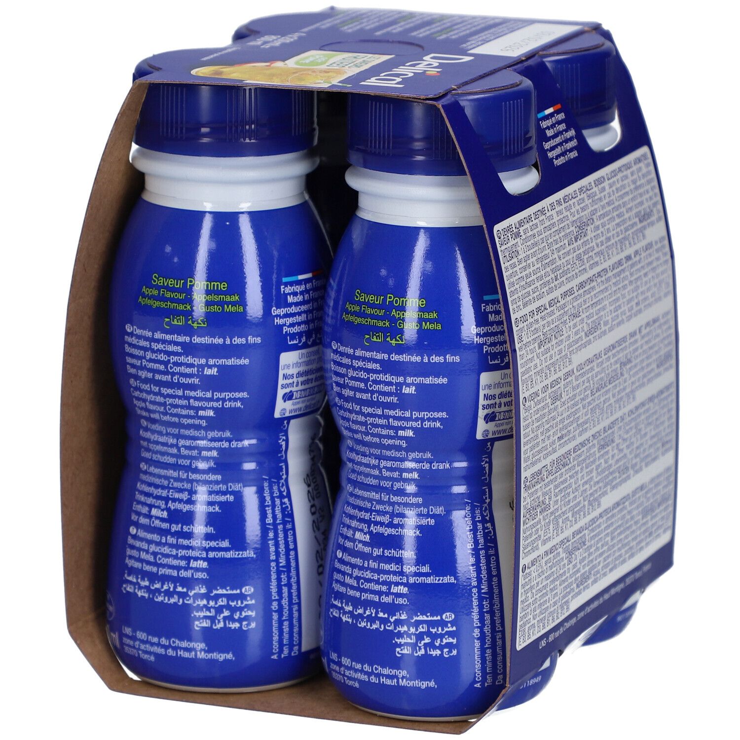 Emballage de deux bouteilles Delical Die Fruchtigen Aromen - Apfel. Emballage bleu avec texte et informations sur le produit.