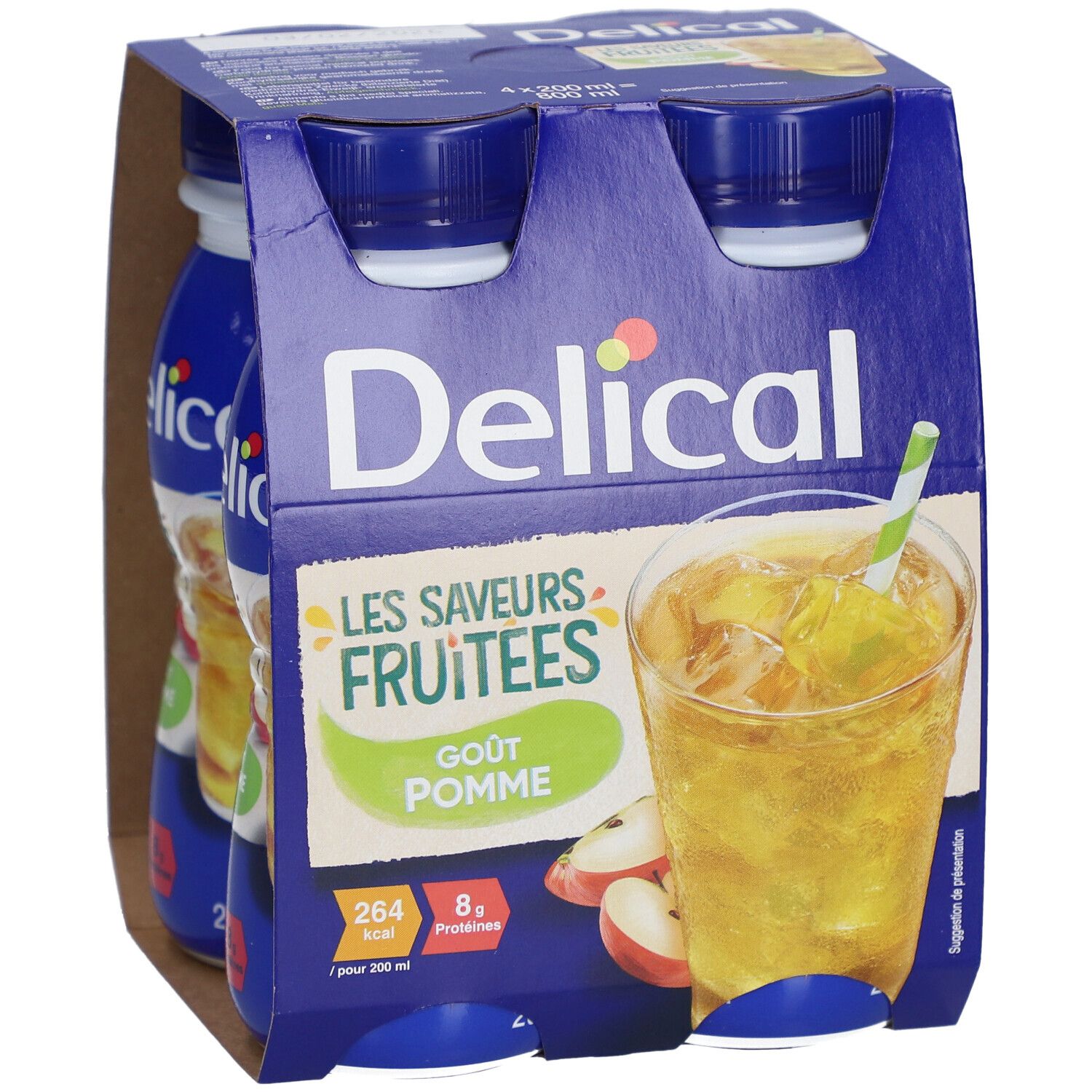 Emballage de quatre bouteilles Delical Die Fruchtigen Aromen - Apfel. Emballage bleu avec image et texte du produit.