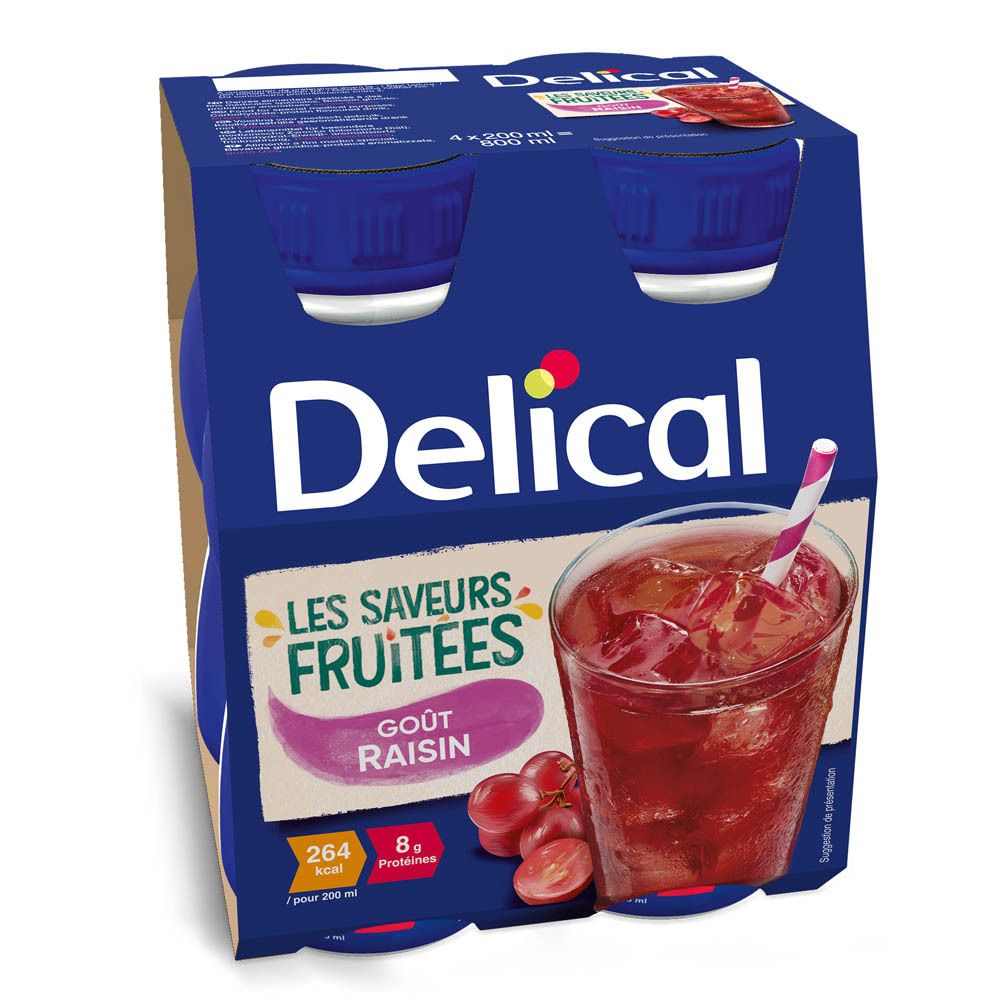 Emballage de quatre bouteilles Delical Les Saveurs Fruitées Goût Raisin. Illustration d'une boisson aux raisins.