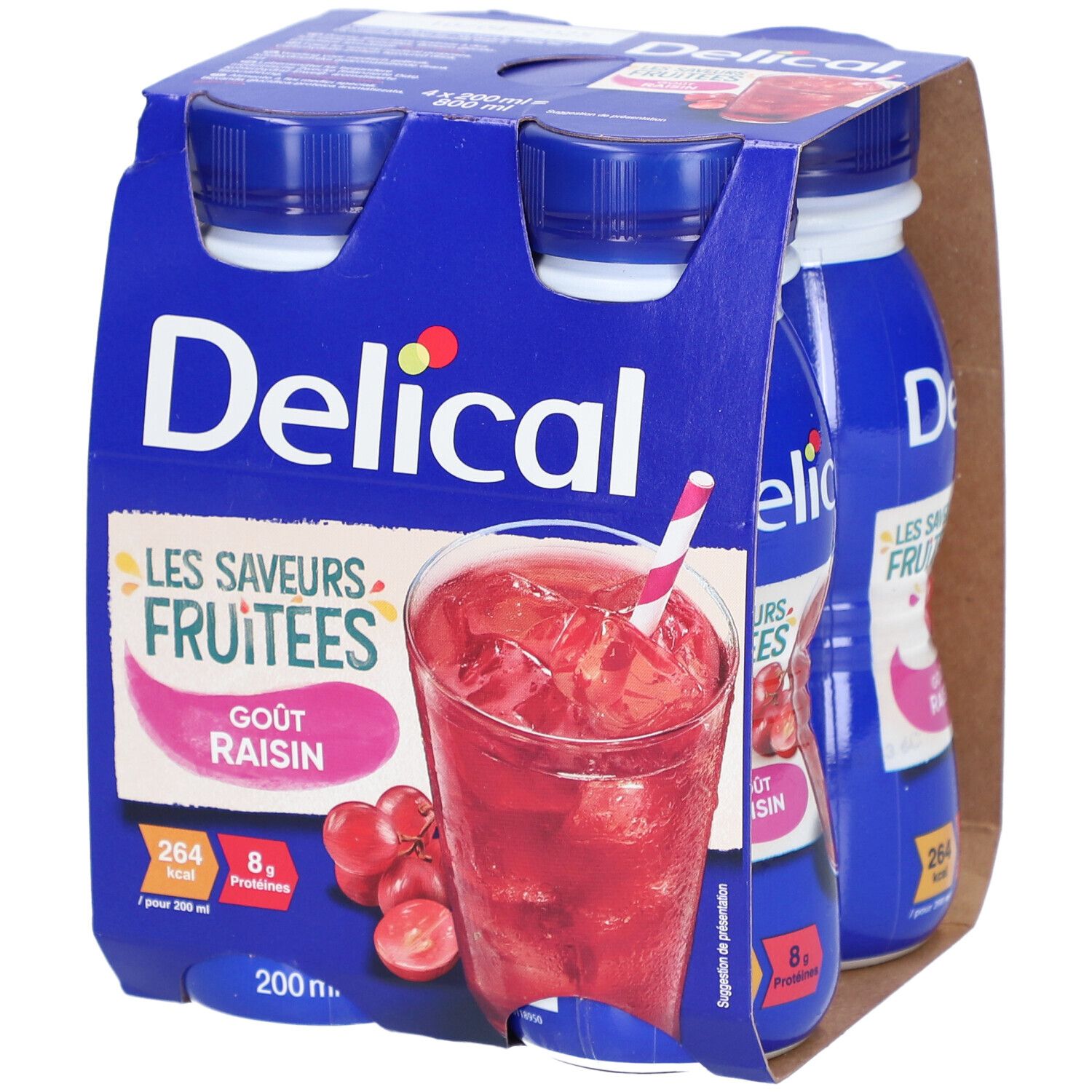 Emballage de quatre bouteilles Delical Les Saveurs Fruitées Goût Raisin. Illustration d'une boisson aux raisins.