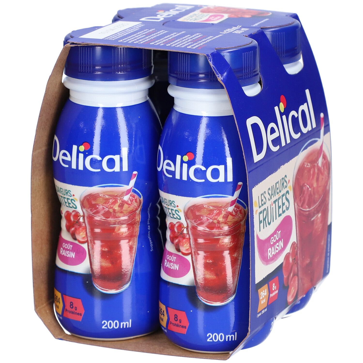 Emballage de deux bouteilles Delical Les Saveurs Fruitées Goût Raisin. Illustration d'une boisson aux raisins.