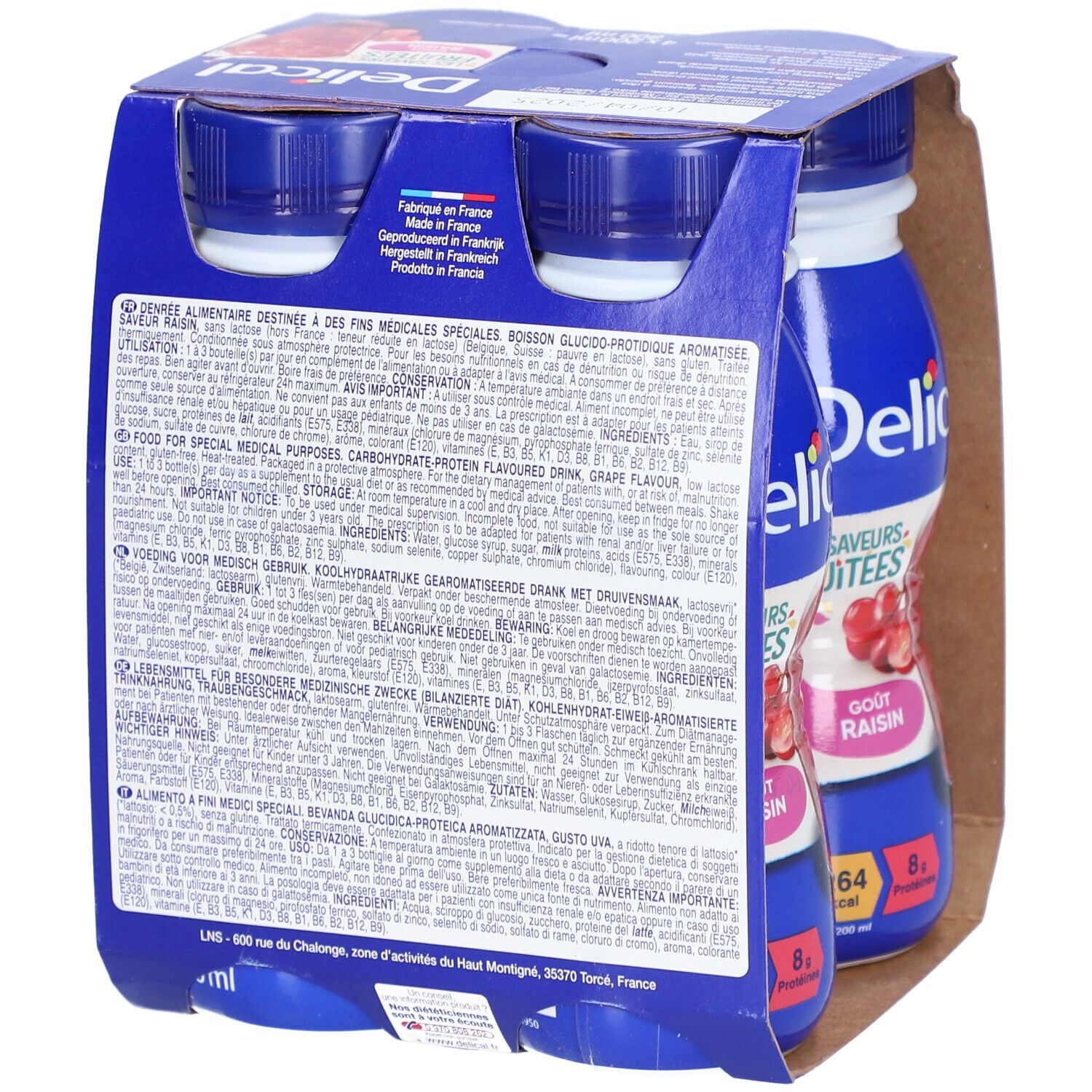 Dos de l'emballage avec informations. Impression: Delical Les Saveurs Fruitées Goût Raisin. Texte multilingue.