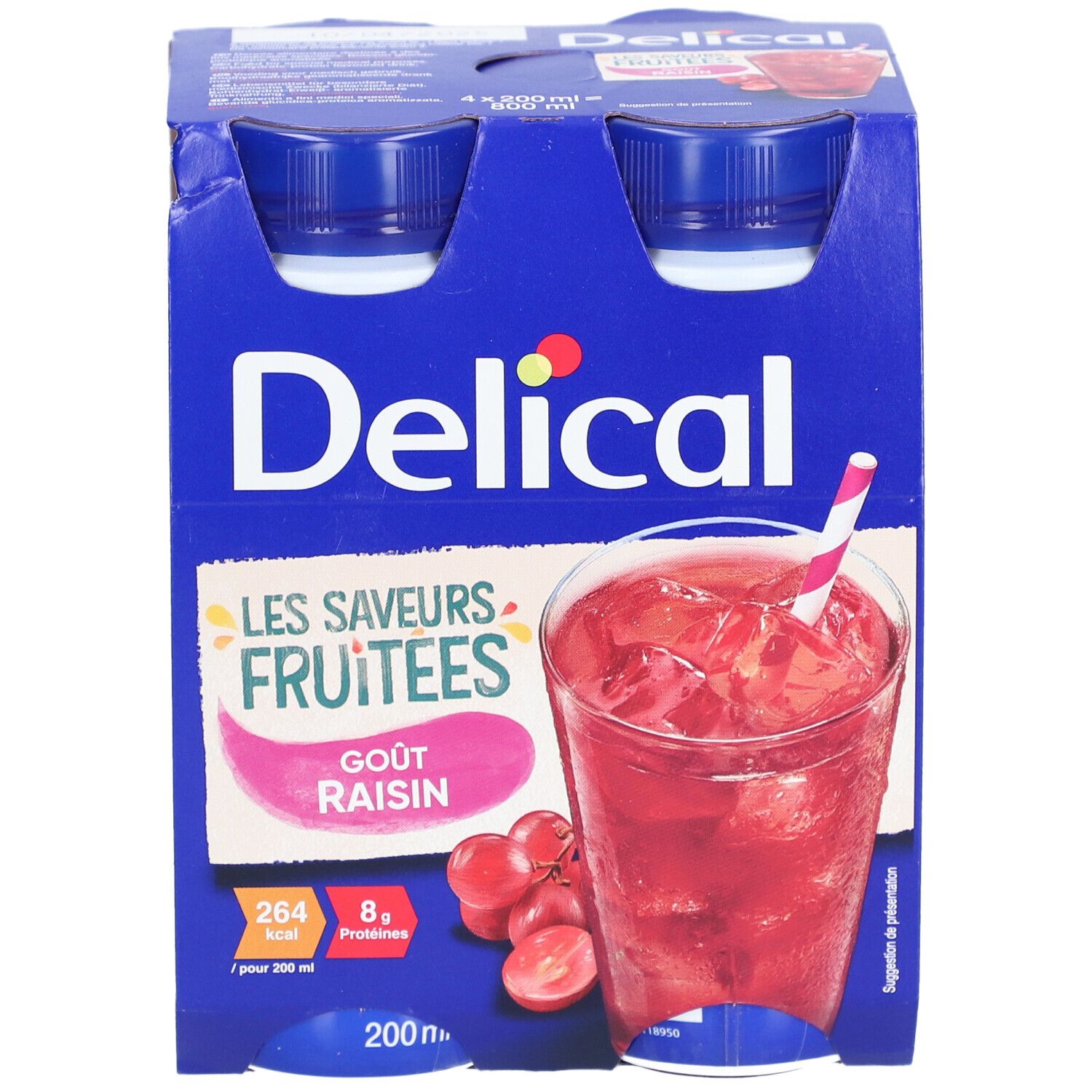 Emballage de quatre bouteilles Delical Les Saveurs Fruitées Goût Raisin. Illustration d'une boisson aux raisins.