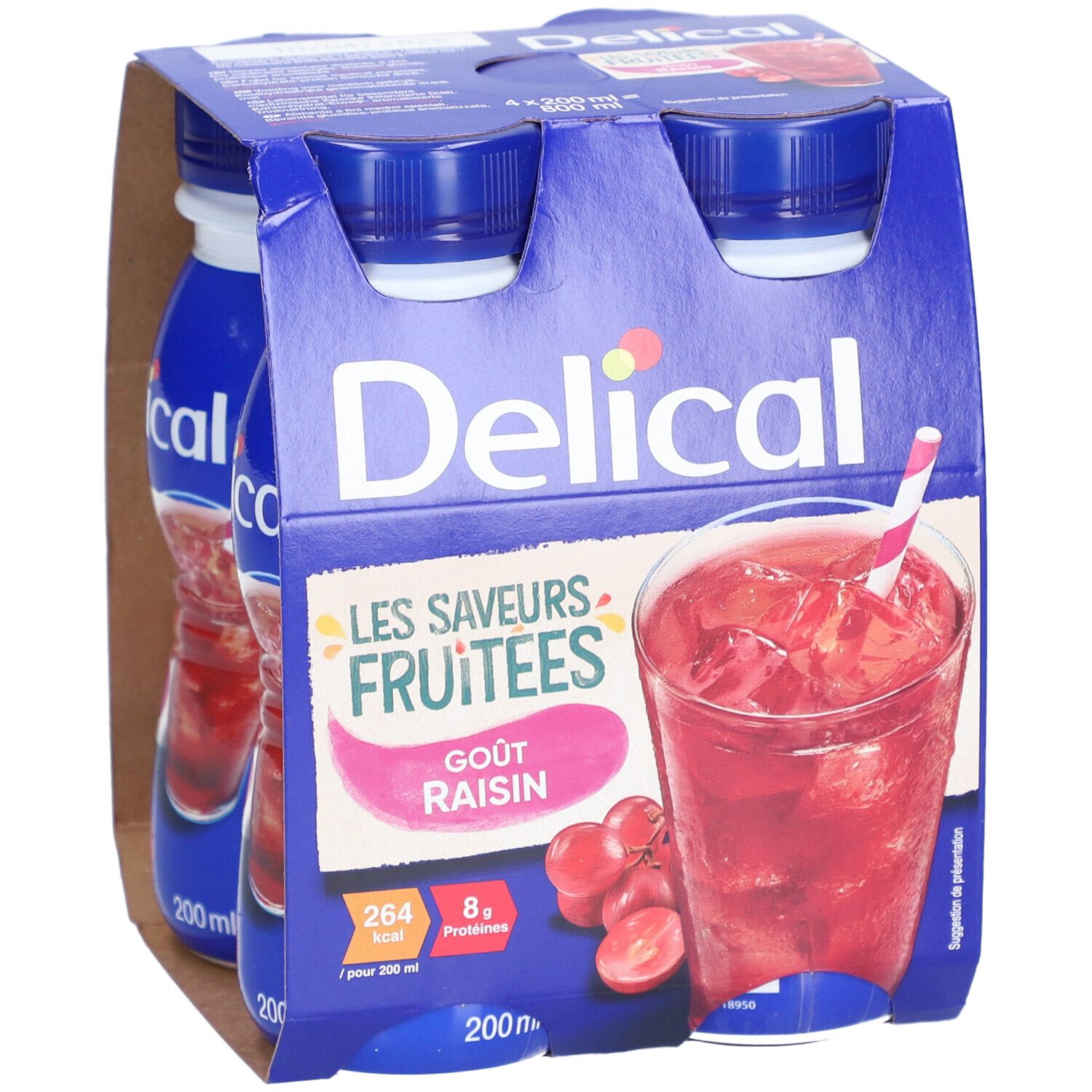 Emballage de quatre bouteilles Delical Les Saveurs Fruitées Goût Raisin. Illustration d'une boisson aux raisins.
