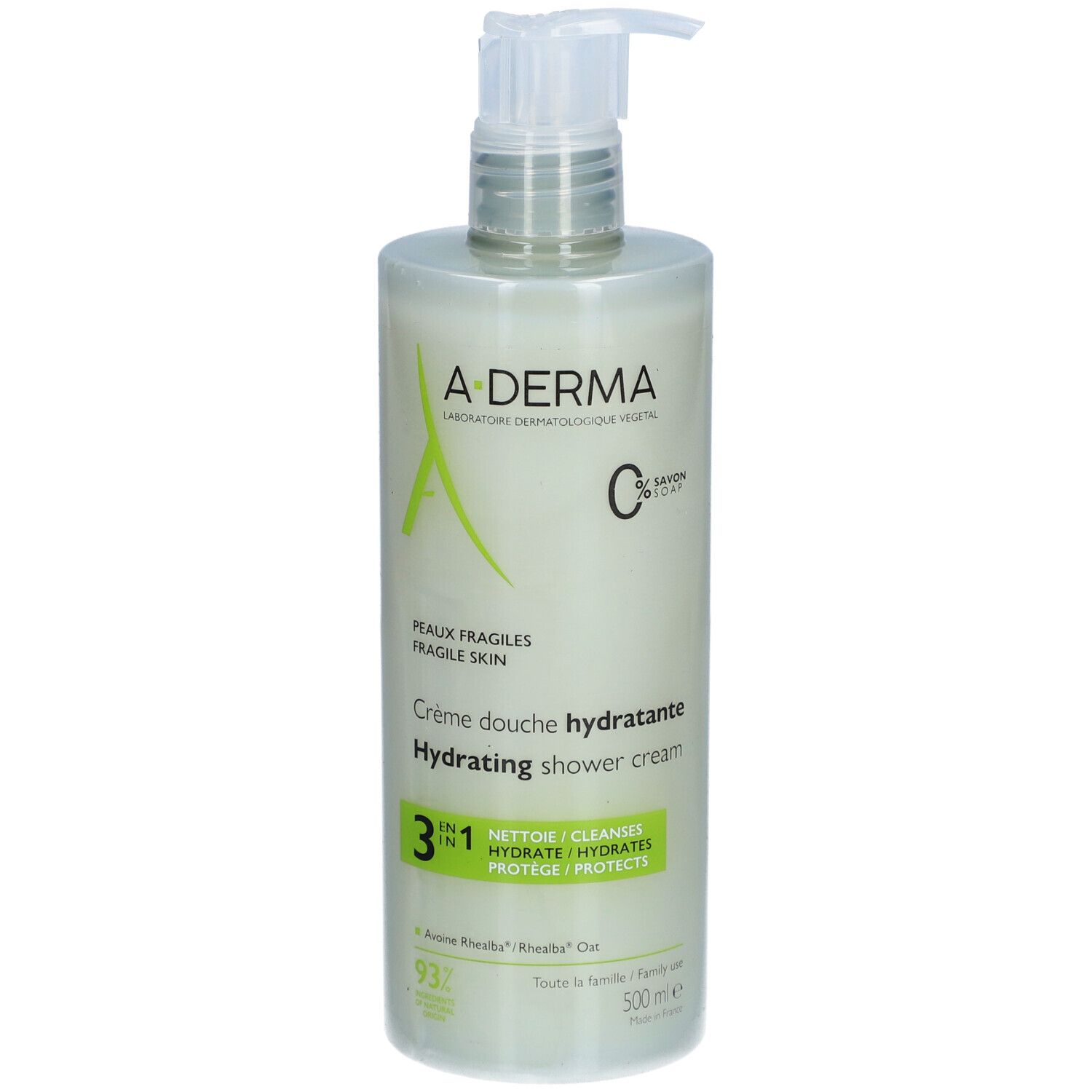 A-Derma Duschcreme-Flasche mit Pumpe. Aufschrift: Crème douche hydratante, 3 in 1, 500 ml.