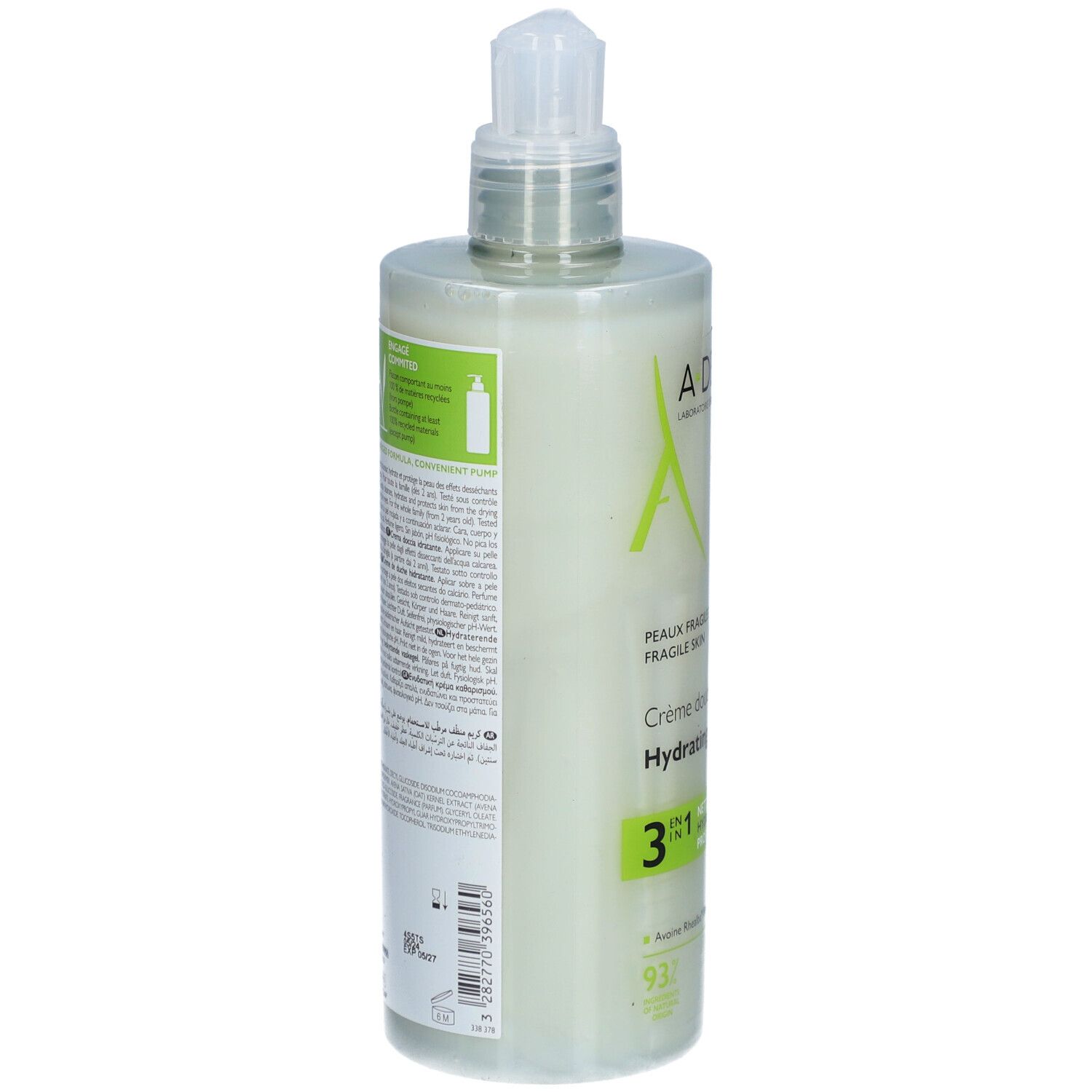 Rückseite der A-Derma Duschcreme-Flasche. Text und Informationen zur Produktzusammensetzung.