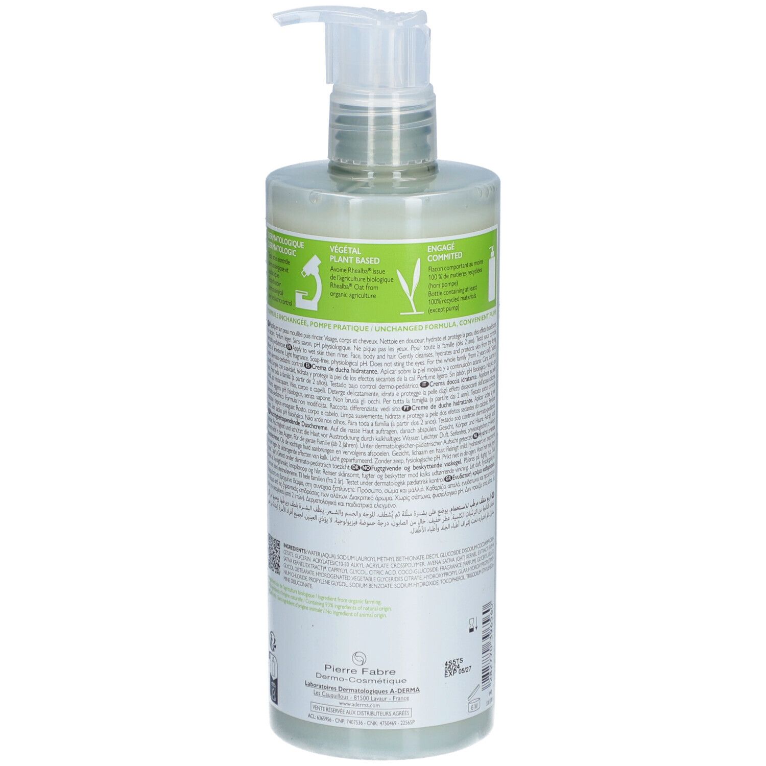 Rückseite der A-Derma Duschcreme-Flasche. Text und Informationen zur Produktzusammensetzung.