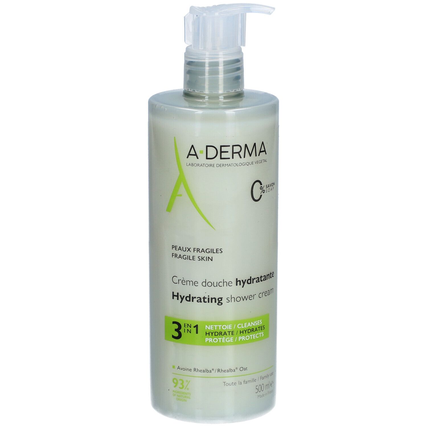 A-Derma Duschcreme-Flasche mit Pumpe. Aufschrift: Crème douche hydratante, 3 in 1, 500 ml.