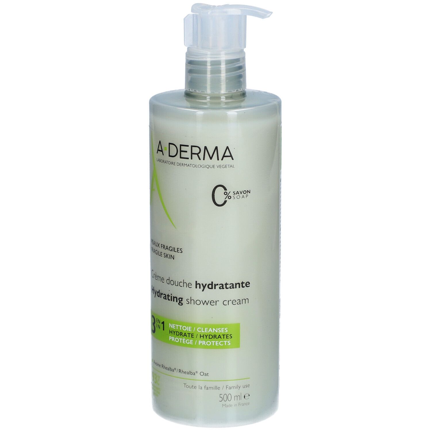 A-Derma Duschcreme-Flasche mit Pumpe. Aufschrift: Crème douche hydratante, 3 in 1, 500 ml.