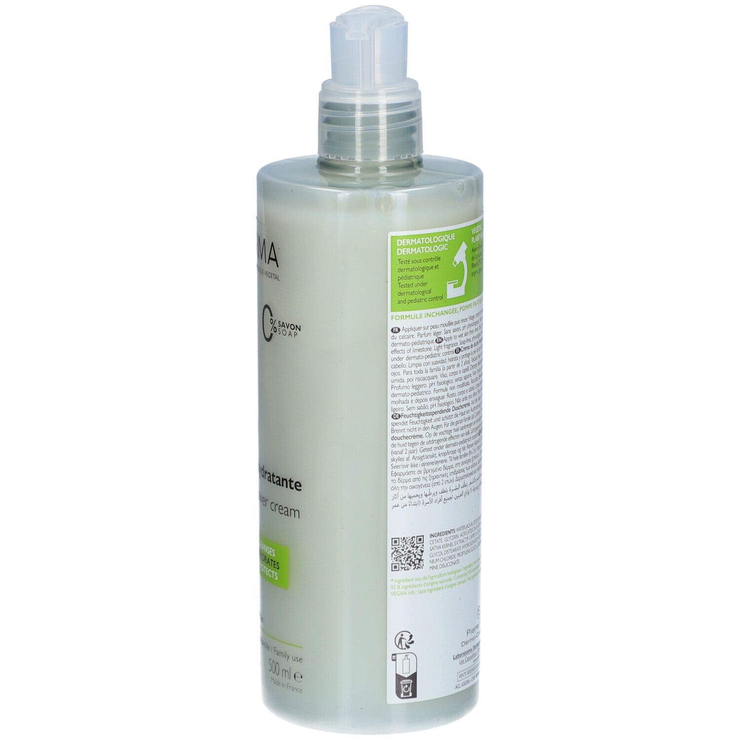 Rückseite der A-Derma Duschcreme-Flasche. Text und Informationen zur Produktzusammensetzung.