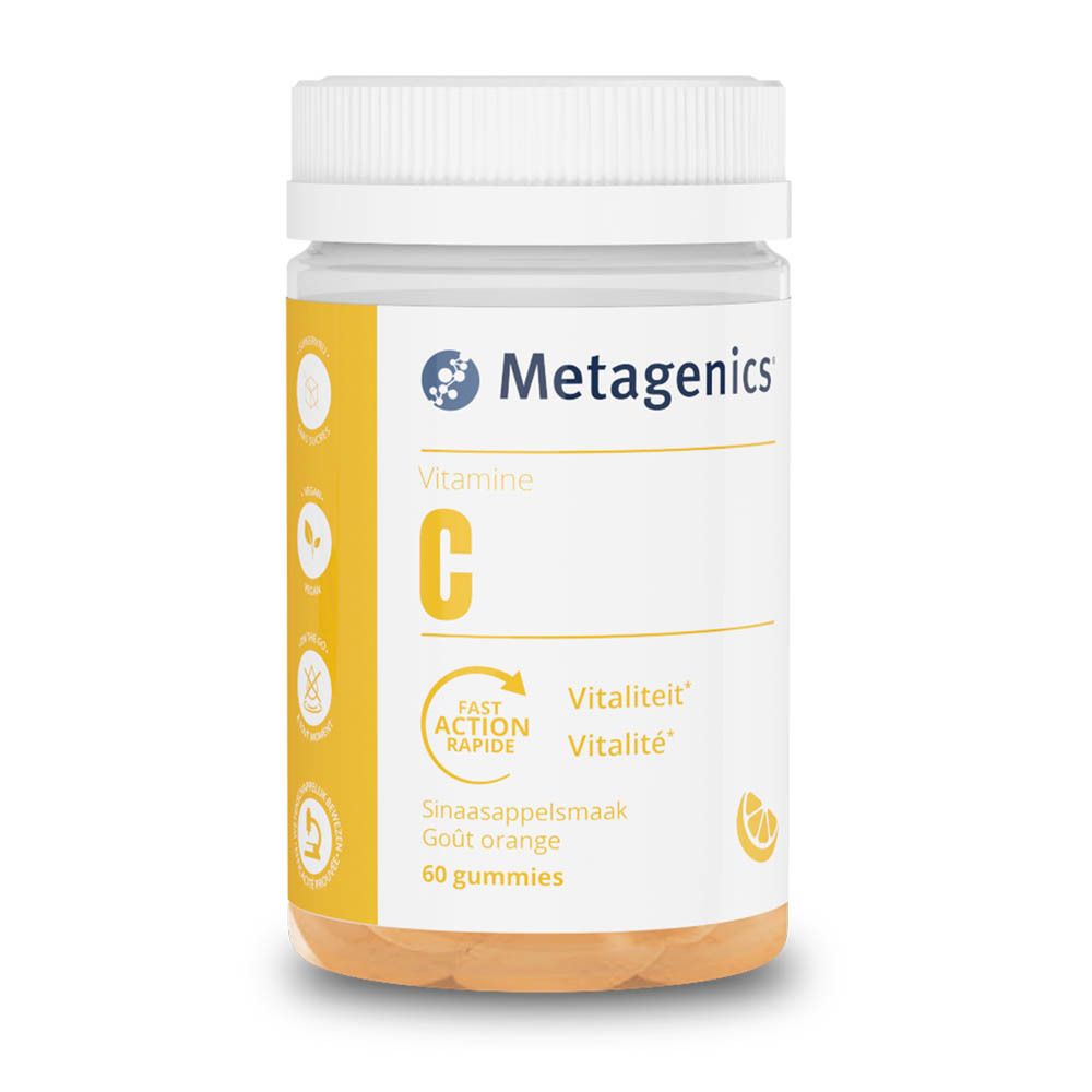 Une bouteille de gommes à la vitamine C. Marque Metagenics. Inscription : Vitamine C, 60 gommes, goût orange.
