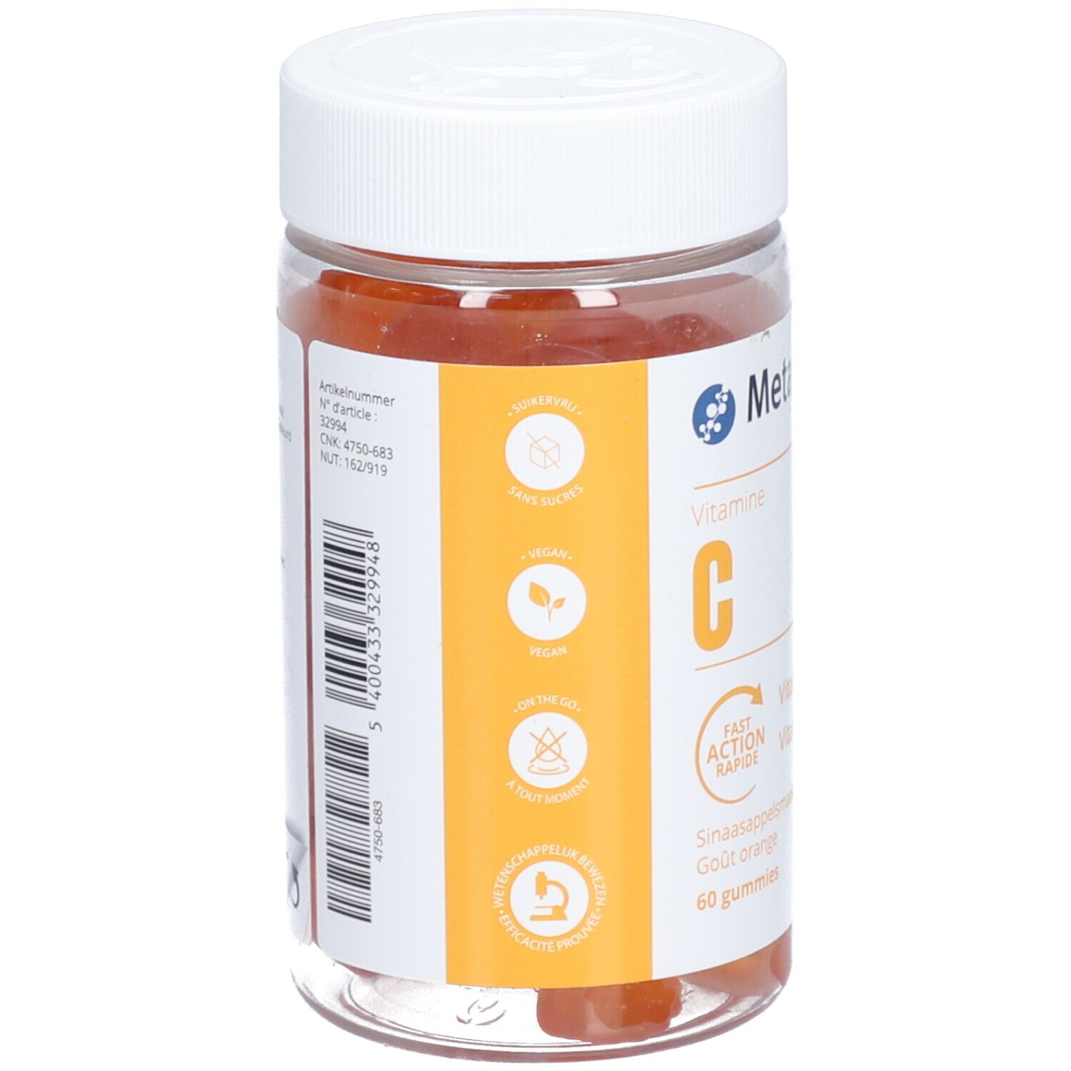 Rückseite einer transparenten Flasche mit weißen Deckel. Etikett mit Produktinformationen, Barcode und Marke Metagenics.