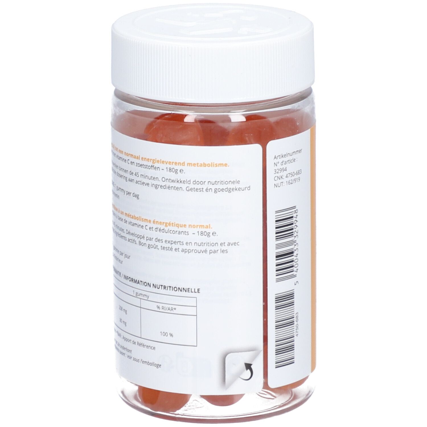 Rückseite einer transparenten Flasche mit weißen Deckel. Etikett mit Produktinformationen, Inhaltsstoffe und Marke Metagenics.