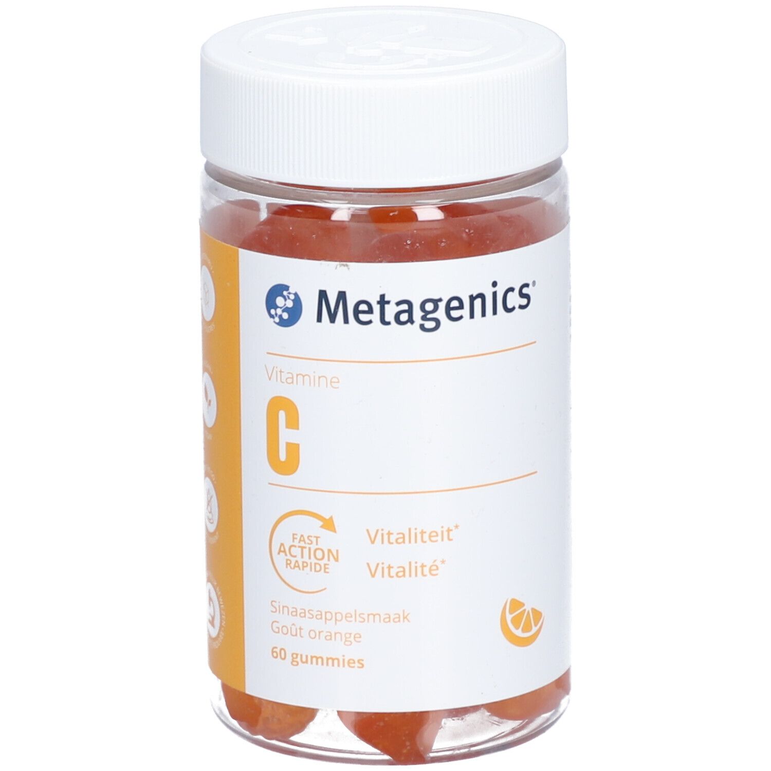 Klare Plastikflasche mit weißen Deckel. Enthält orangefarbene Gummibärchen. Aufkleber mit Produktinformationen und Marke Metagenics.
