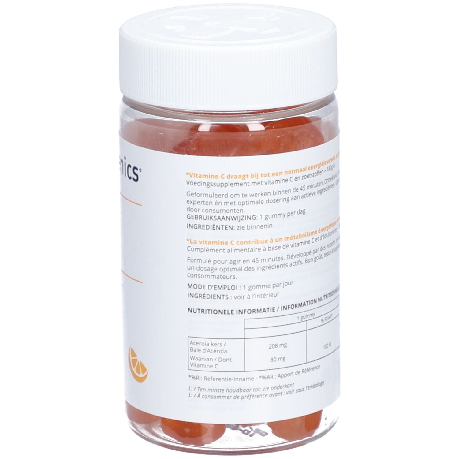Rückseite einer transparenten Flasche mit weißen Deckel. Etikett mit Produktinformationen, Inhaltsstoffe und Marke Metagenics.