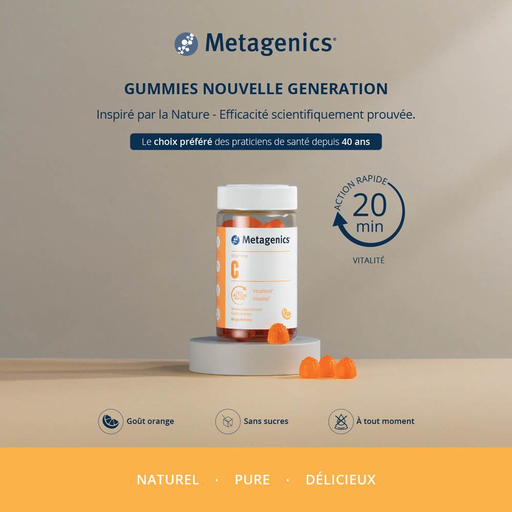 Image publicitaire avec une bouteille de gommes à la vitamine C. Marque Metagenics. Texte : Gummies Nouvelle Generation, Goût orange.