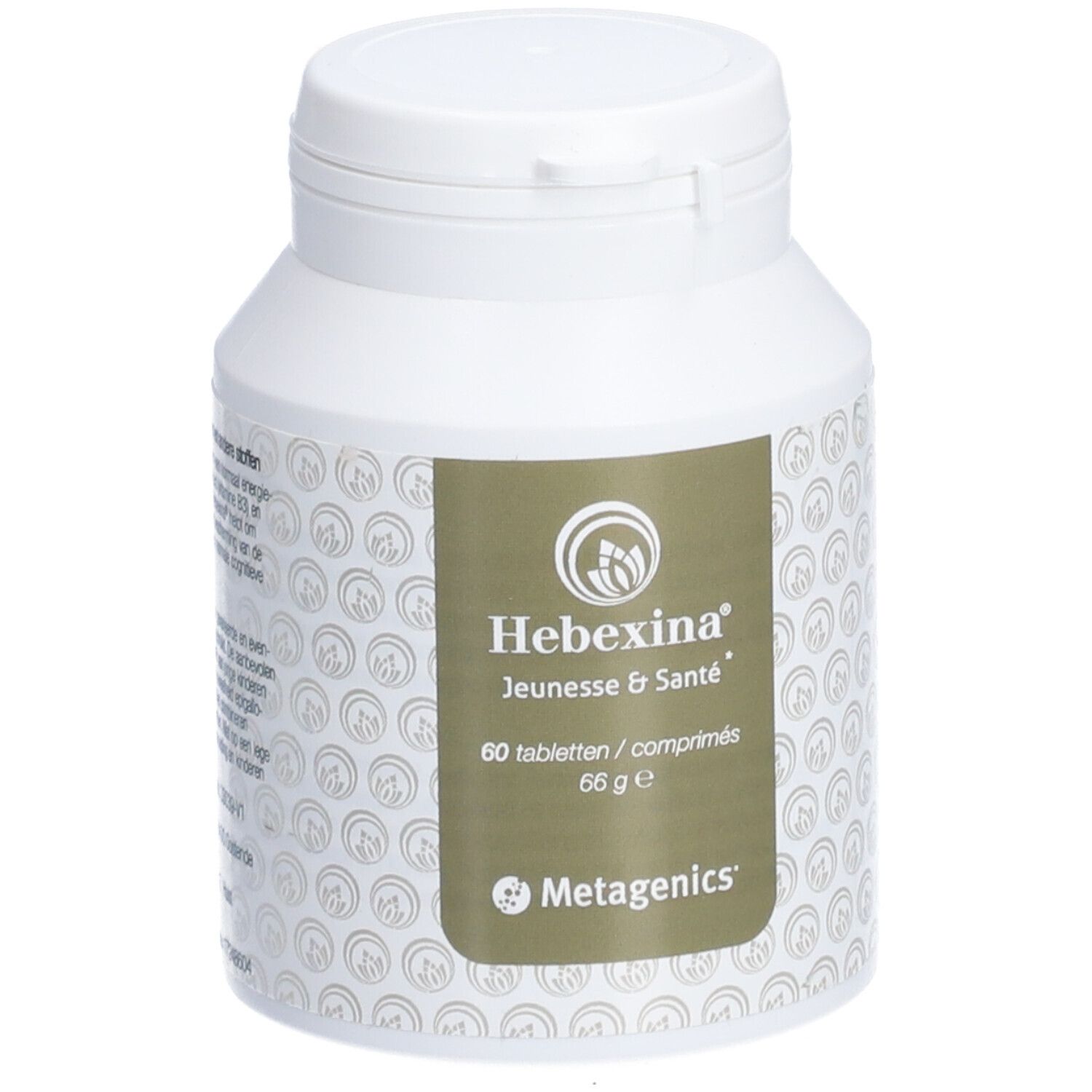 Flacon blanc avec étiquette Hebexina. Inscription : Jeunesse & Santé, 60 comprimés, 66 g. Marque : Metagenics.