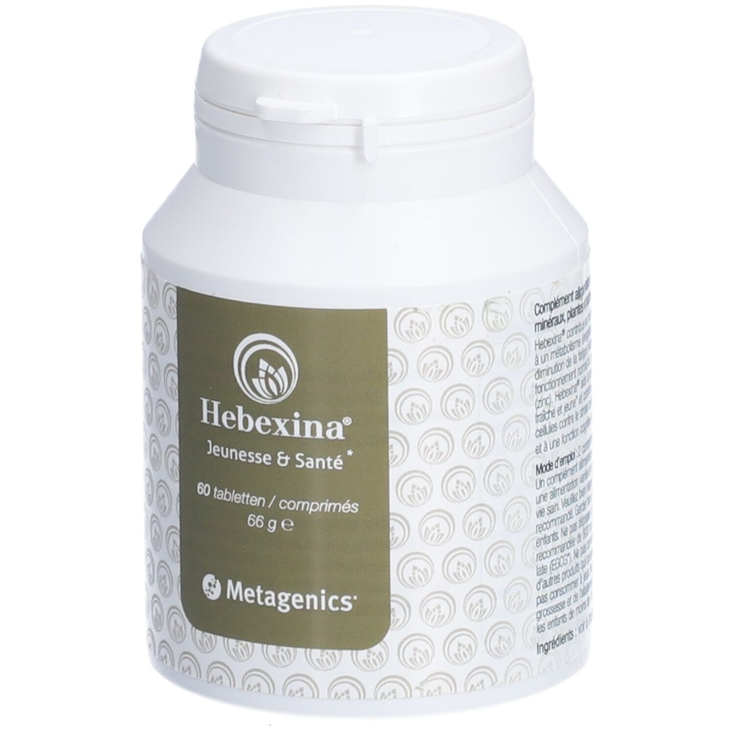 Flacon blanc avec étiquette Hebexina. Inscription : Jeunesse & Santé, 60 comprimés, 66 g. Marque : Metagenics.