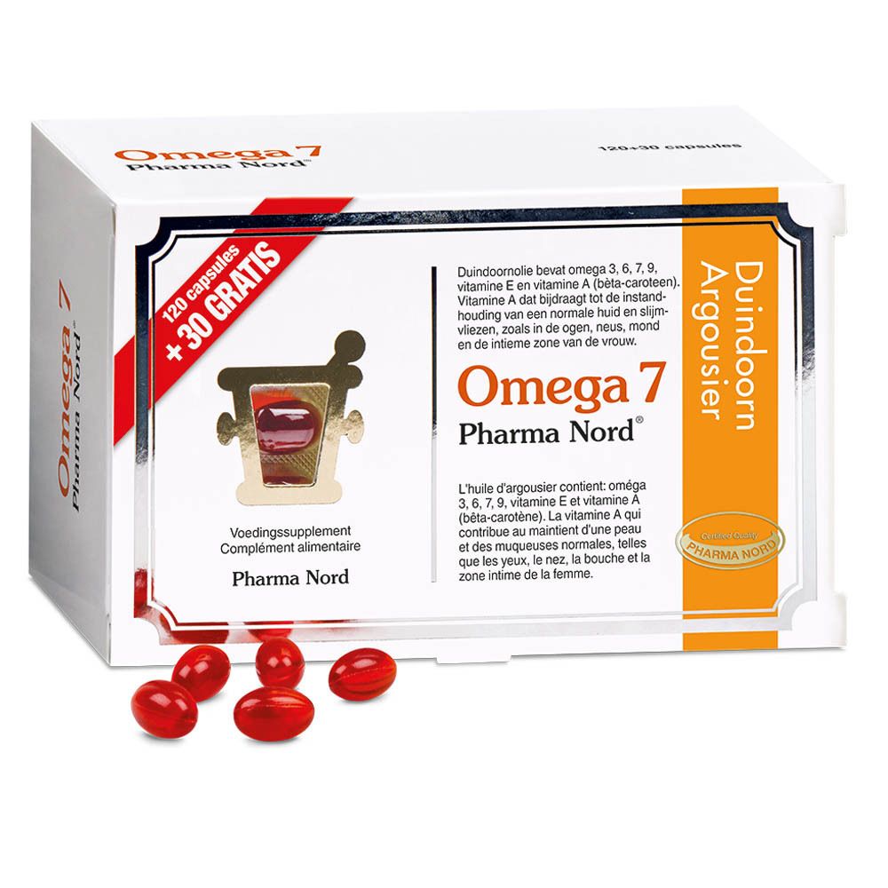 Boîte blanche Omega 7 Pharma Nord. Inscription: 120 capsules + 30 gratuites. Texte en néerlandais. Capsules à côté.
