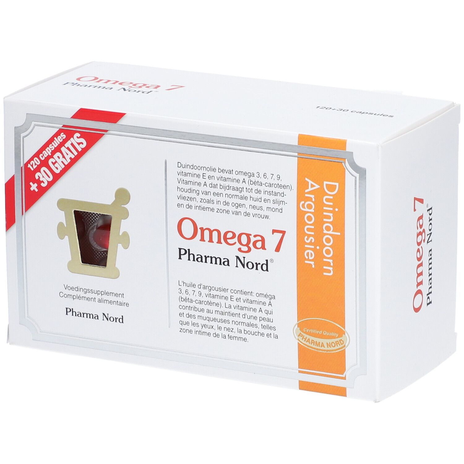 Boîte blanche Omega 7 Pharma Nord. Inscription: 120 capsules + 30 gratuites. Texte en néerlandais.