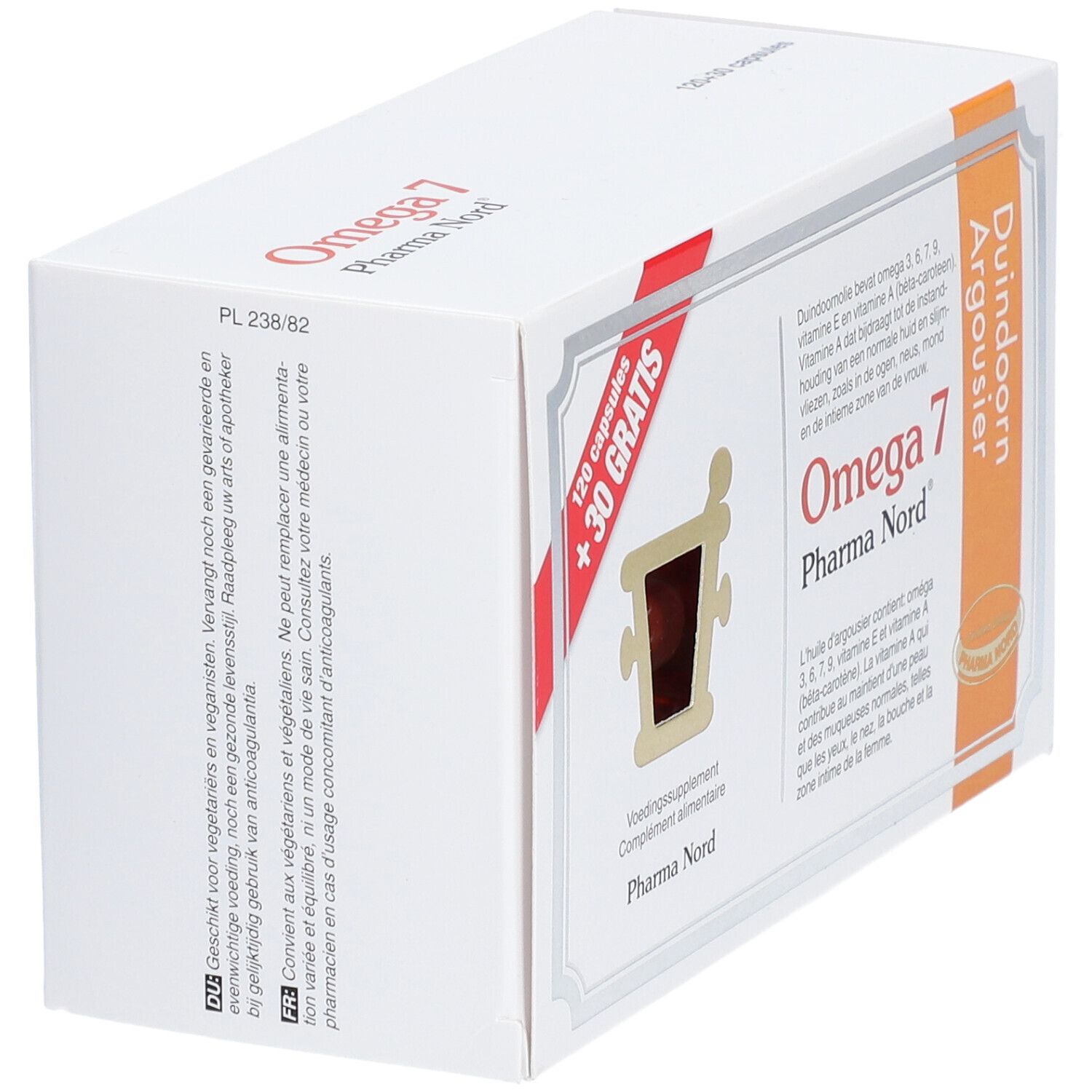 Boîte blanche Omega 7 Pharma Nord en biais. Inscription: 120 capsules + 30 gratuites. Texte en néerlandais.
