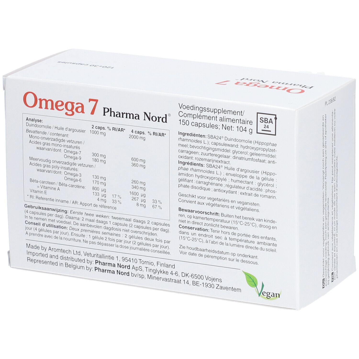 Boîte blanche Omega 7 Pharma Nord. Inscription: Analyse, ingrédients, 150 capsules. Texte en néerlandais.