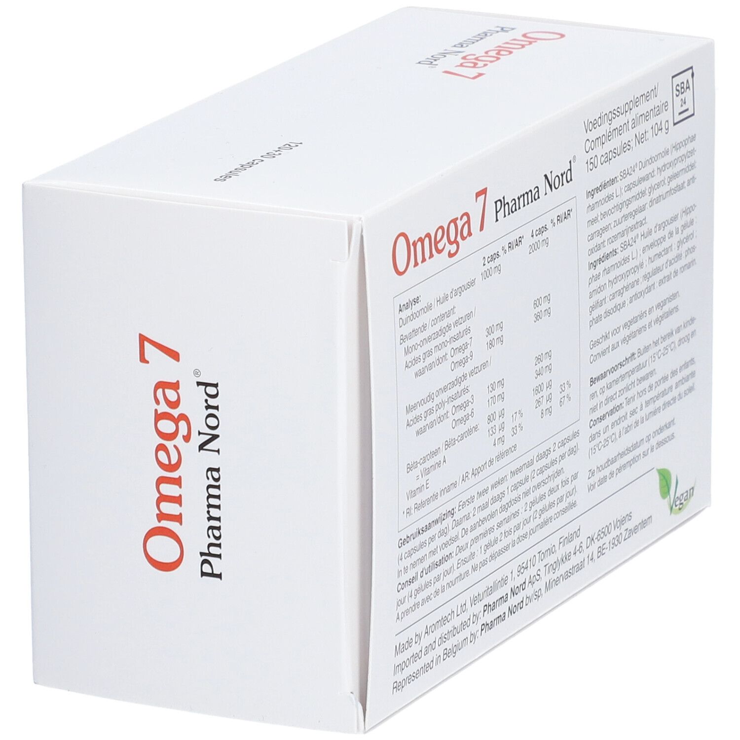 Boîte blanche Omega 7 Pharma Nord en biais. Inscription: Analyse, ingrédients, 150 capsules. Texte en néerlandais.