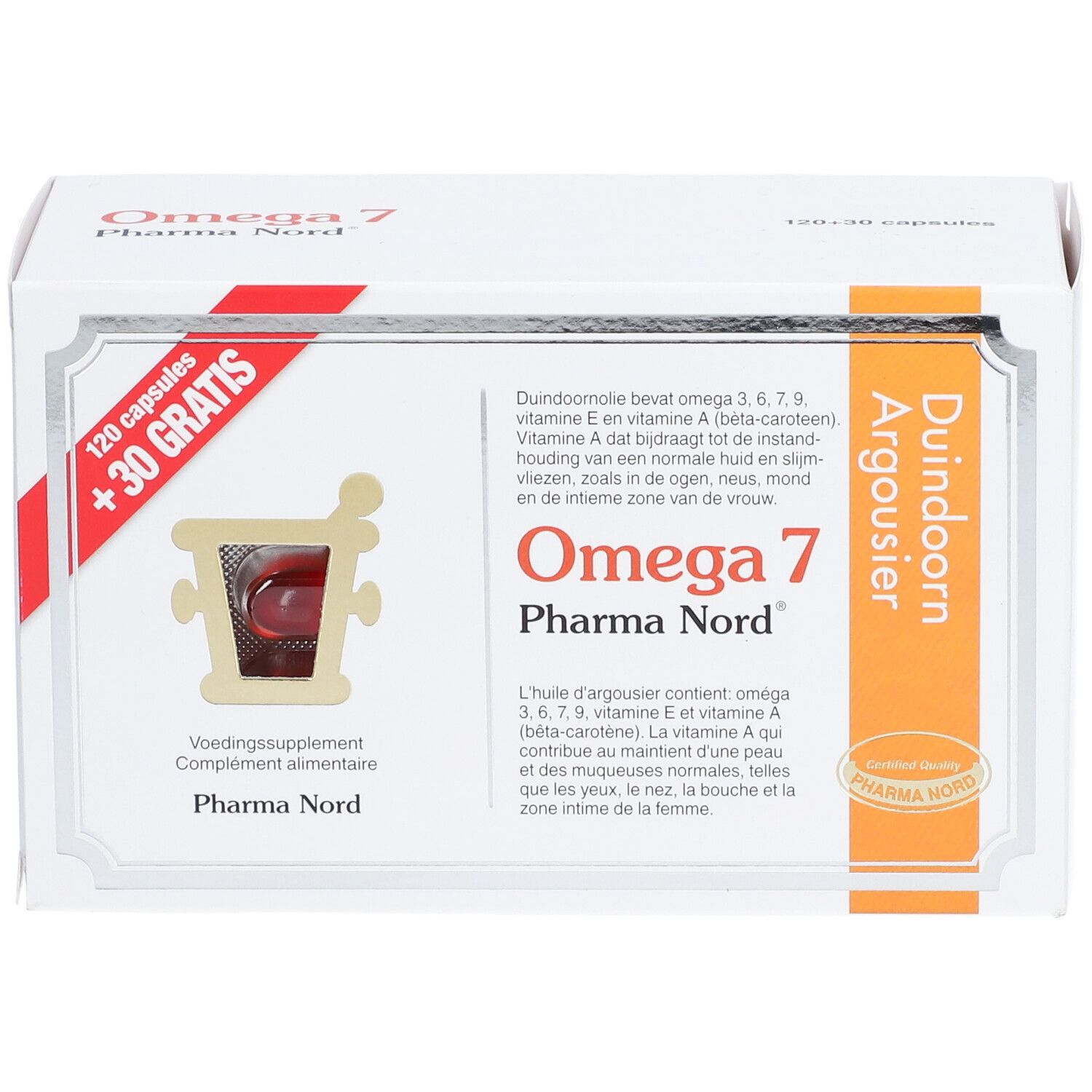Boîte blanche Omega 7 Pharma Nord. Inscription: 120 capsules + 30 gratuites. Texte en néerlandais. Visibles: capsules.