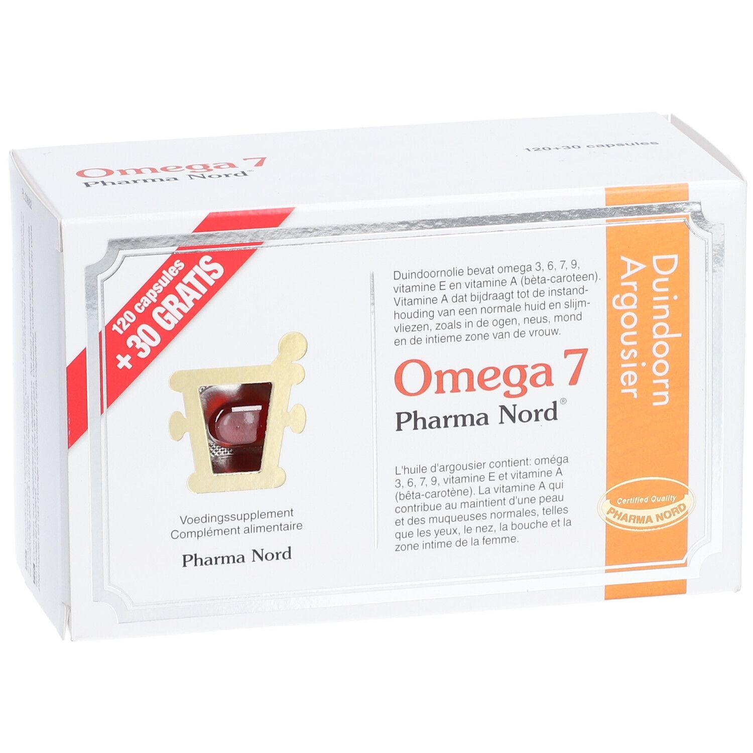 Boîte blanche Omega 7 Pharma Nord. Inscription: 120 capsules + 30 gratuites. Texte en néerlandais.