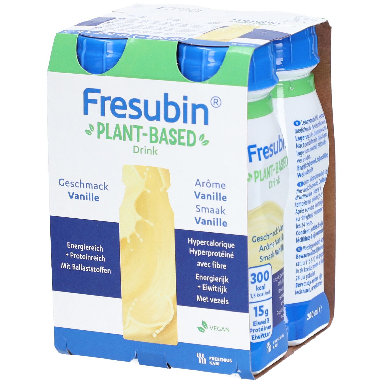 Verpakking met vier flessen Fresubin Plant-Based Drink Vanille. Opschriften: Energie, eiwitrijk, vezels, Vegan.