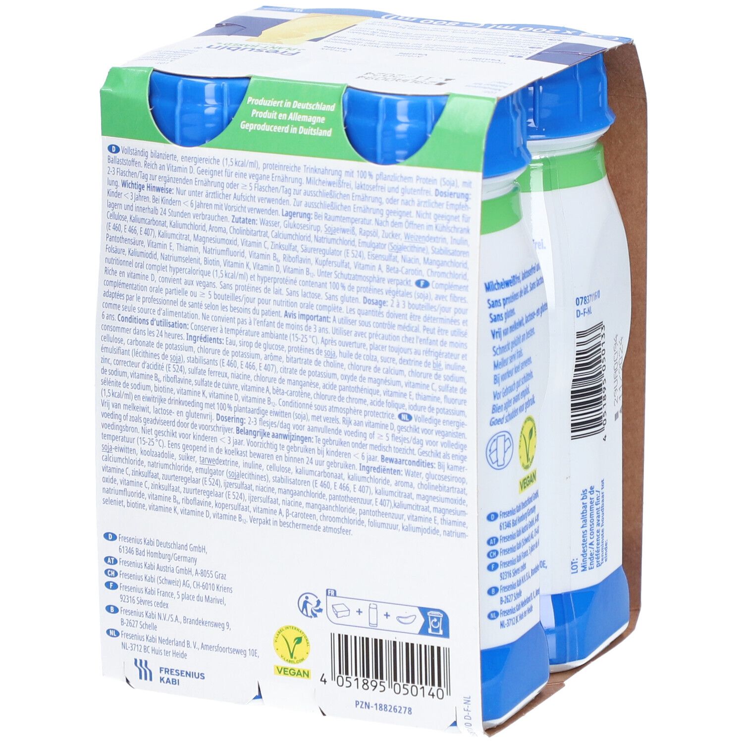 Achterkant van de verpakking met vier flessen Fresubin Plant-Based Drink Vanille. Productinformatie en Vegan-label.