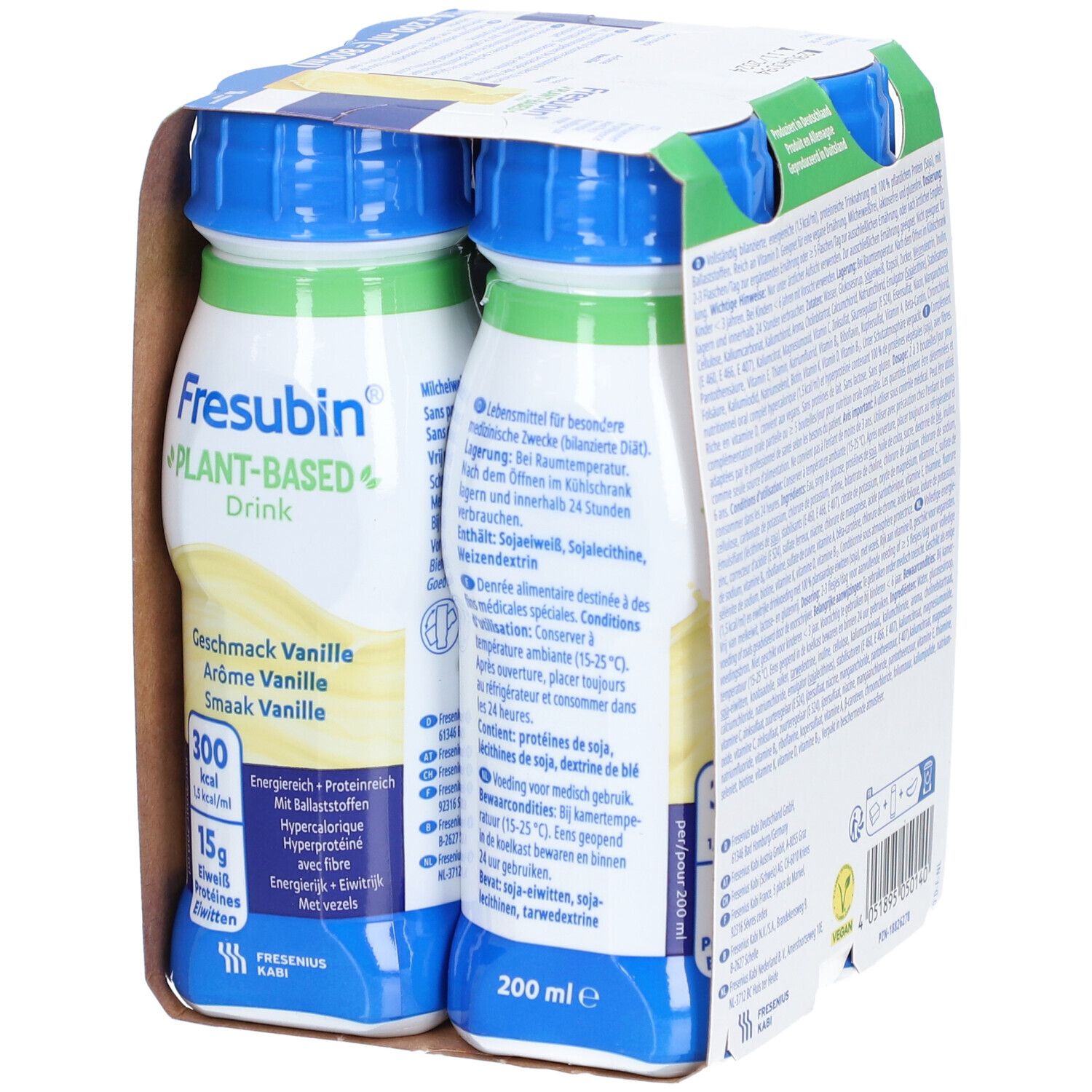 Verpakking met vier flessen Fresubin Plant-Based Drink Vanille. Productinformatie en Vegan-label.