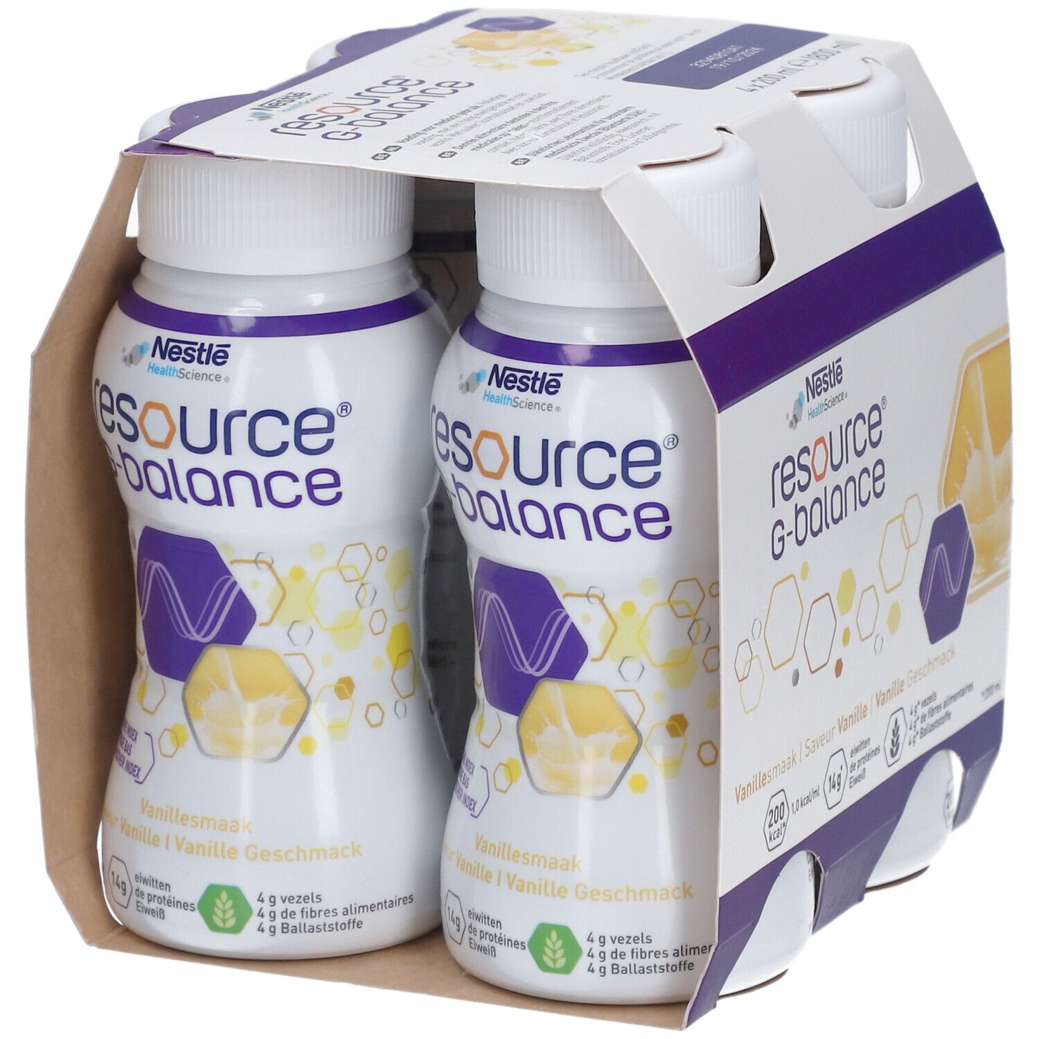 Emballage de deux bouteilles Nestlé Resource G-Balance Vanille. Les bouteilles ont des bouchons blancs et des étiquettes violettes.