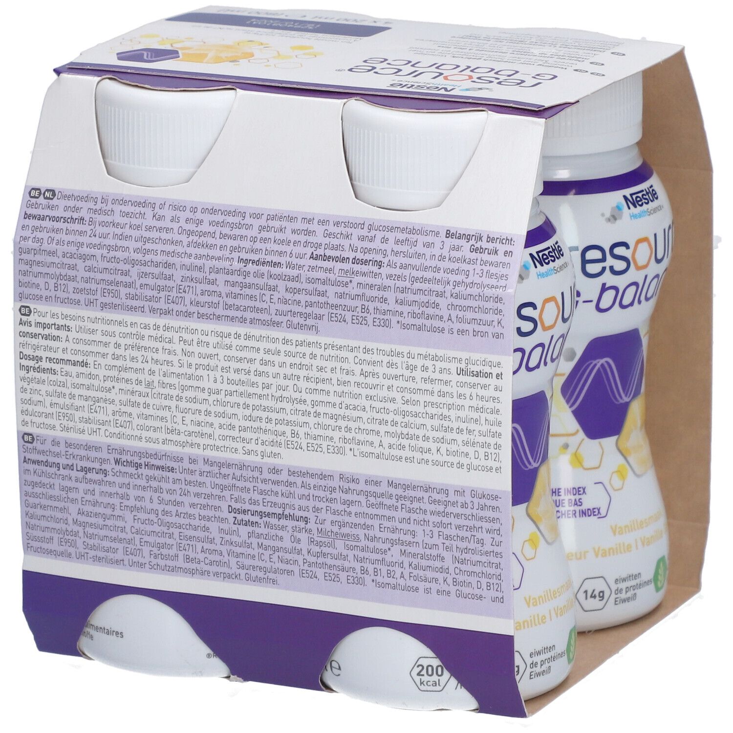 Emballage de deux bouteilles Nestlé Resource G-Balance Vanille. Les bouteilles ont des bouchons blancs et des étiquettes violettes. Texte sur l'emballage.