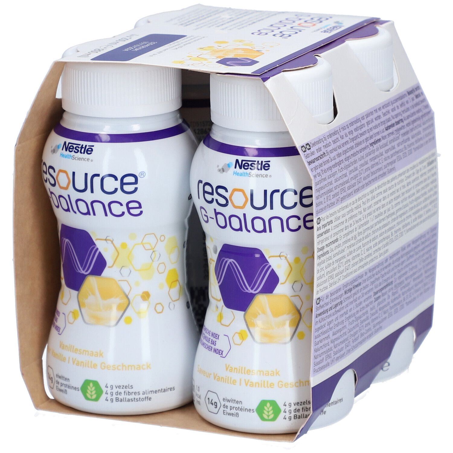 Emballage de deux bouteilles Nestlé Resource G-Balance Vanille. Les bouteilles ont des bouchons blancs et des étiquettes violettes.