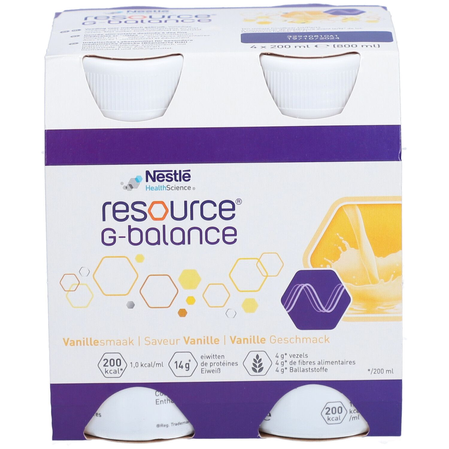 Emballage de quatre bouteilles Nestlé Resource G-Balance Vanille. Les bouteilles ont des bouchons blancs et des étiquettes violettes.