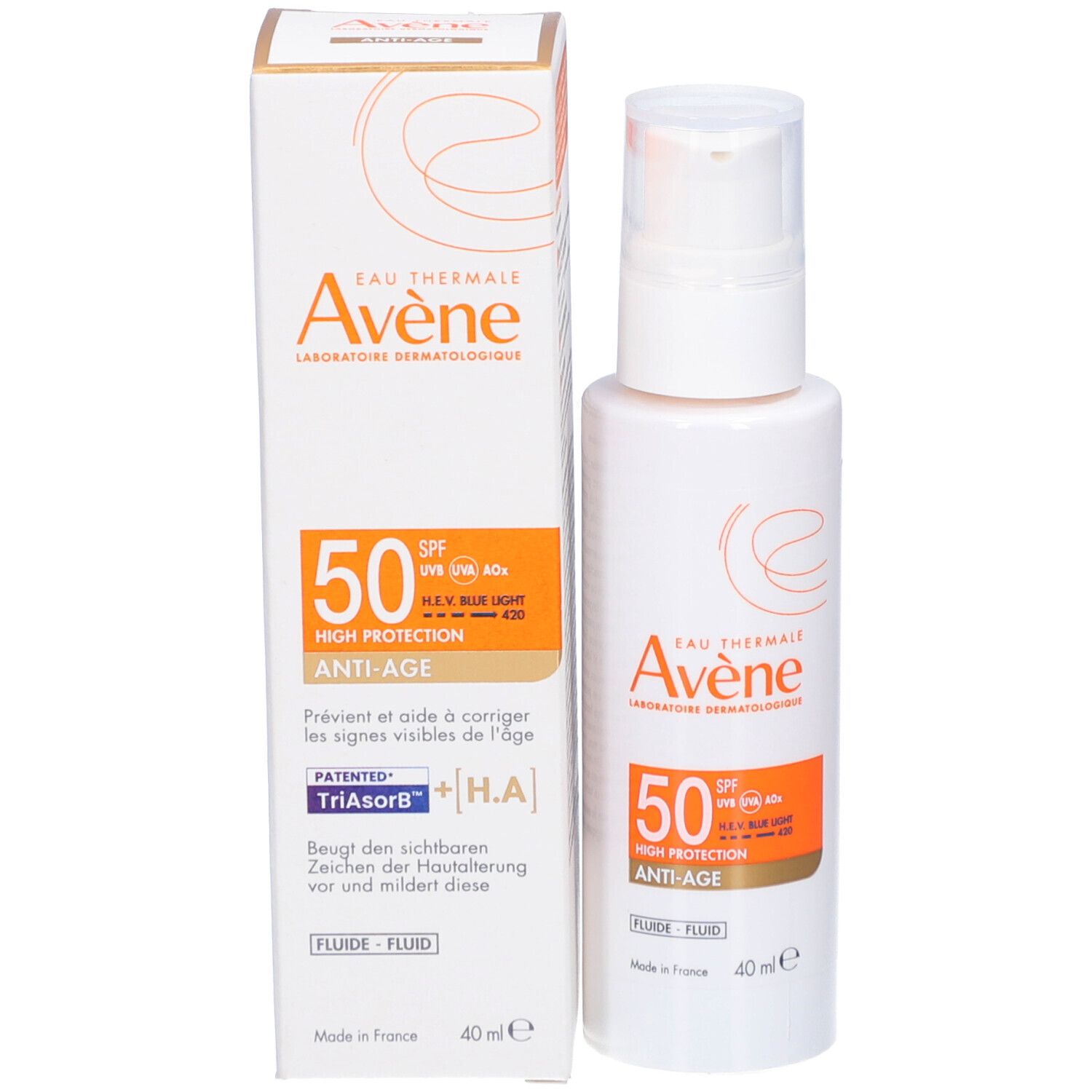Produktverpackung mit Flasche und Karton. Aufschrift: Avène, SPF 50, Anti-Age. Karton mit Text.