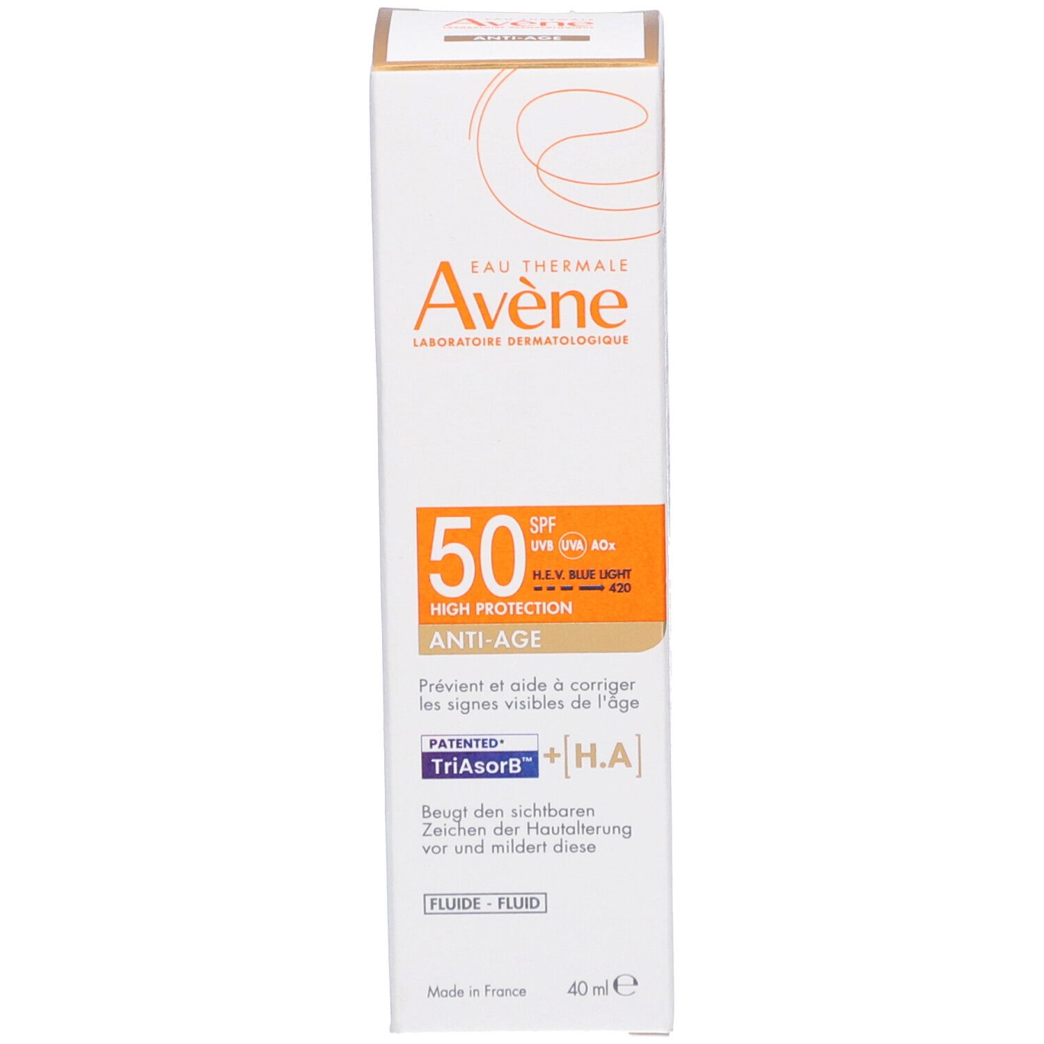 Produktverpackung mit Karton. Aufschrift: Avène, SPF 50, Anti-Age. Karton mit Text.