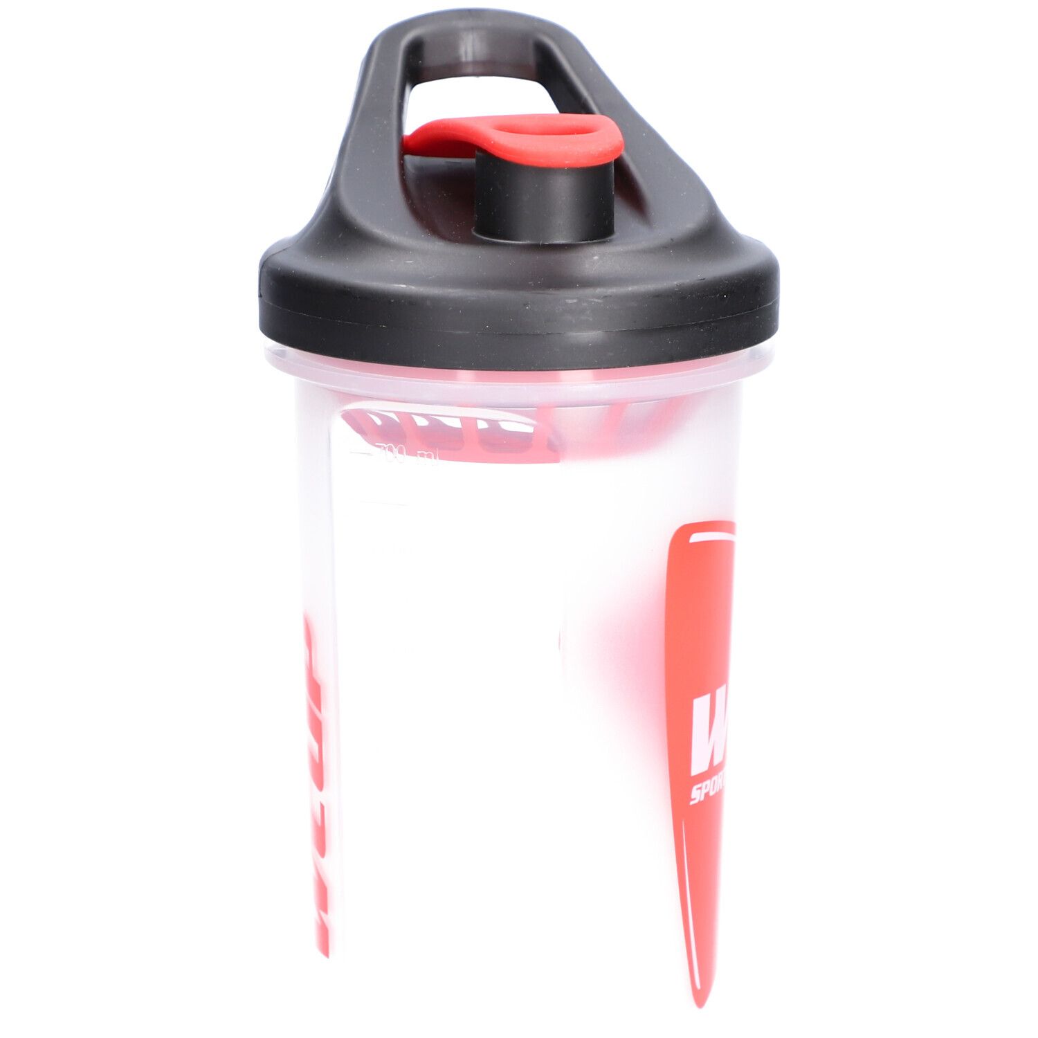 Shaker mit schwarzem Deckel und roter Klappe. Roter WCUP-Schriftzug auf der Seite.