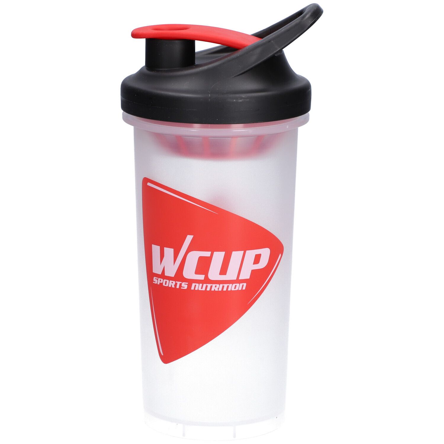 Shaker mit schwarzem Deckel und roter Klappe. Roter WCUP-Schriftzug auf der Seite.