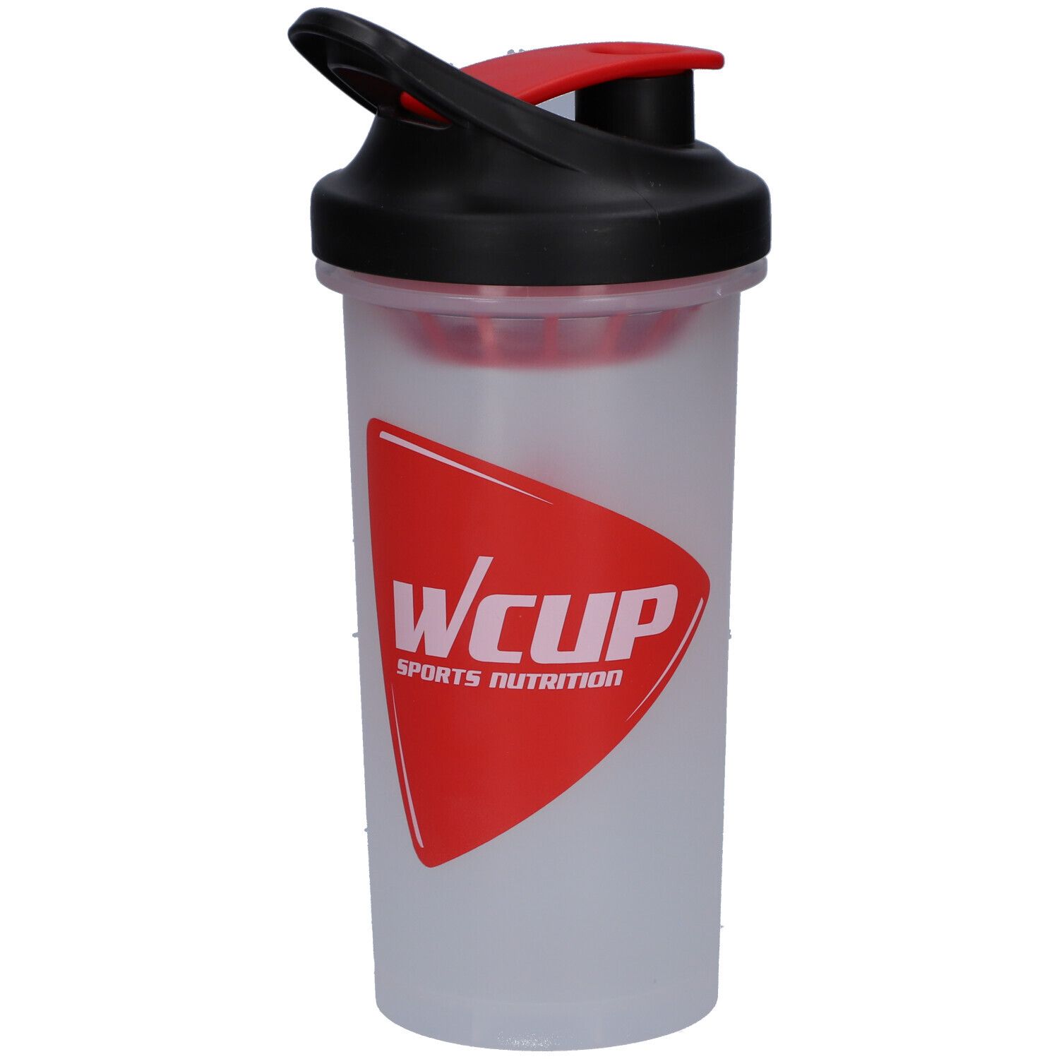 Gourde transparente avec couvercle noir et fermeture rouge. Logo WCUP rouge sur écusson rouge. Sports Nutrition.