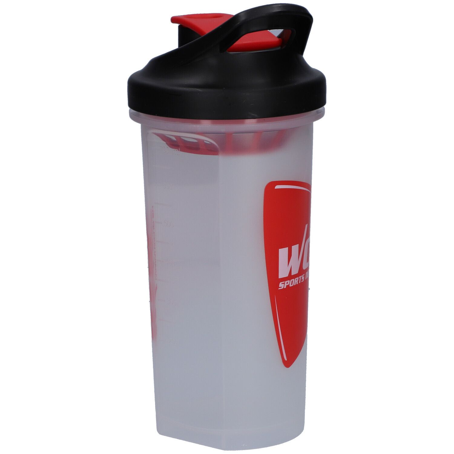 Gourde transparente avec couvercle noir et fermeture rouge. Logo WCUP rouge sur écusson rouge. Échelle graduée.