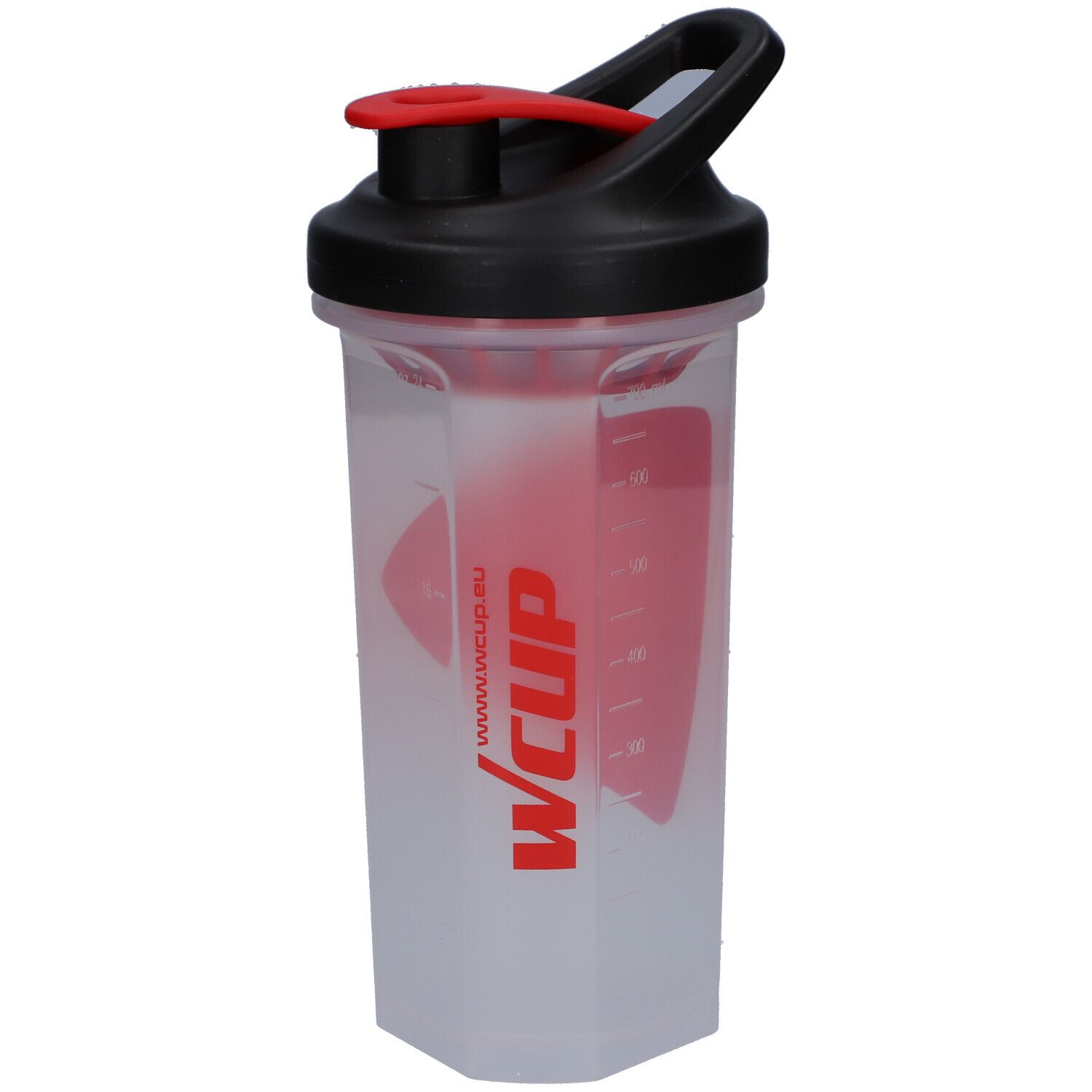 Gourde transparente avec couvercle noir et fermeture rouge. Logo WCUP rouge. Échelle graduée. www.wcup.eu.