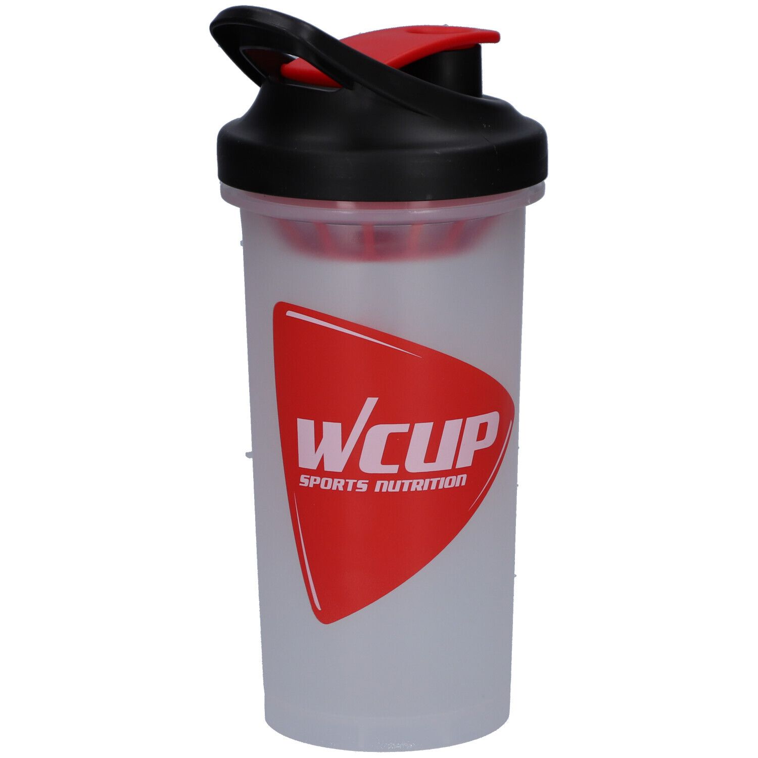 Gourde transparente avec couvercle noir et fermeture rouge. Logo WCUP rouge sur écusson rouge. Sports Nutrition.